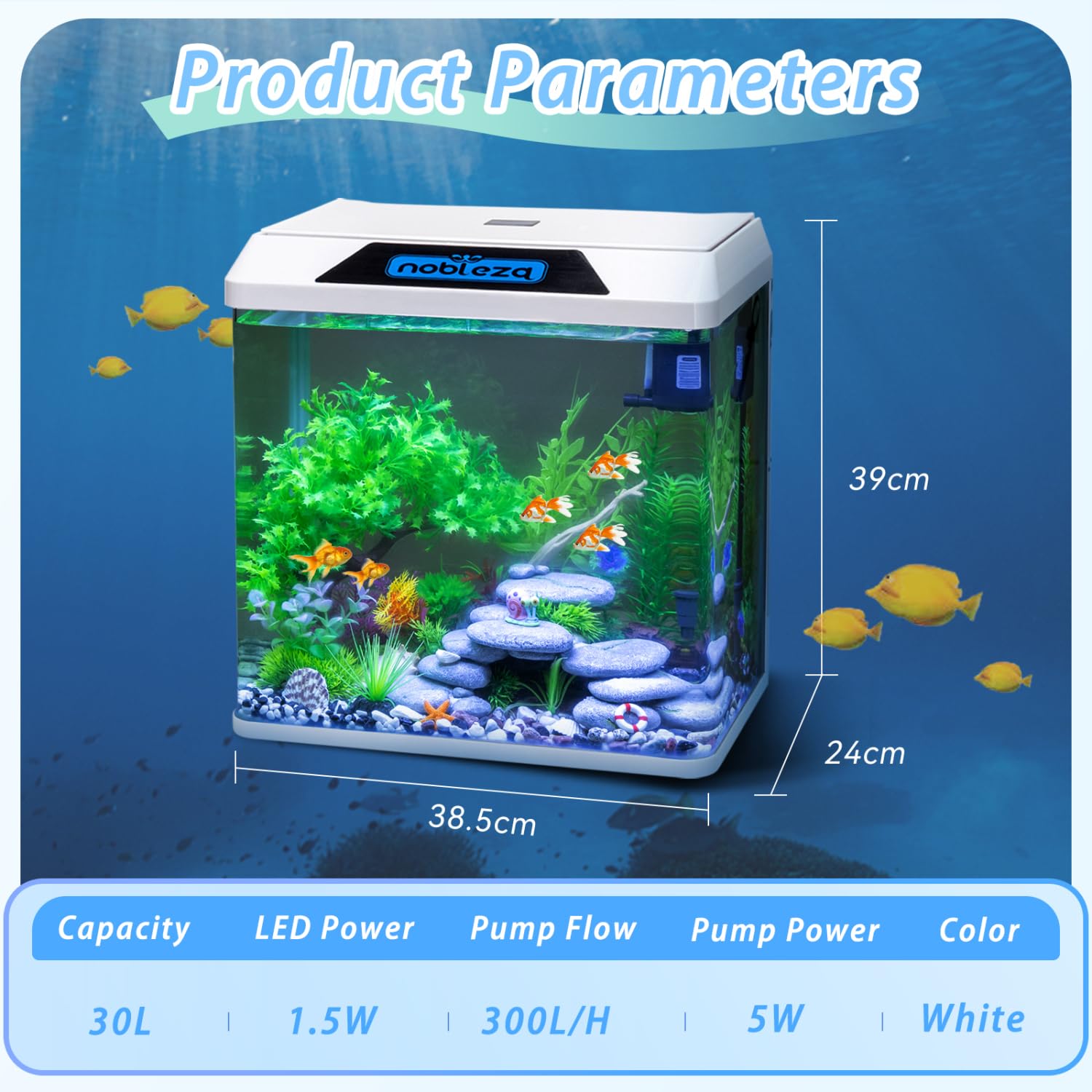 Nobleza - 30L Aquarium Komplettset, Nano Aquarium mit Eingebautem Filtersystem und LED-Beleuchtung, Stabiles Einsteigerbecken für Zuhause oder Büro - Weiß