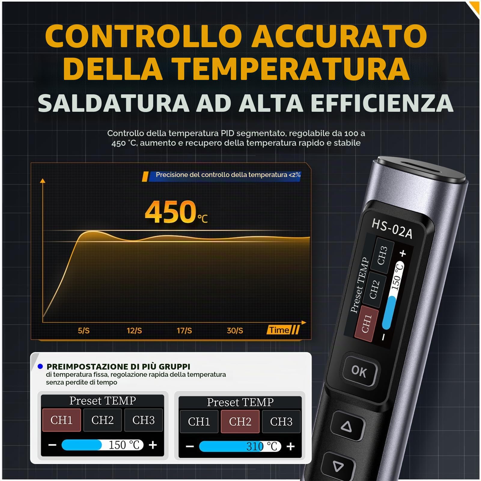 HS 02A Saldatore Intelligente, Mini Saldatore CNC In Metallo Temperatura Regolabile 100-450°C 6 Punte 100w Adattatore Penna Saldante Digitale Intelligente Strumento Di Riparazione