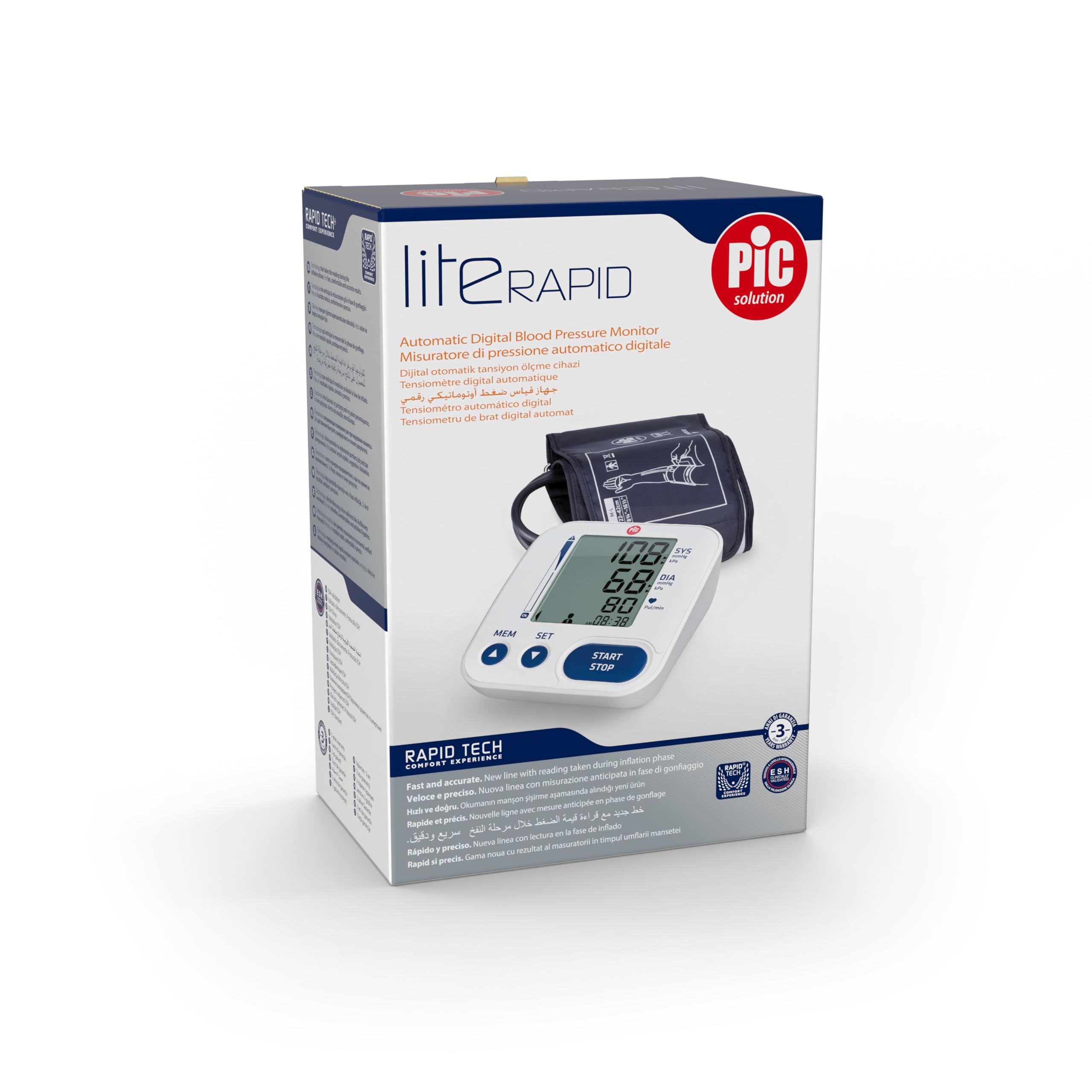 Pic Solution - Literapid - Medidor de presión arterial de brazo digital, aparato automático para medir la presión arterial en casa, clínicamente validado, blanco y azul