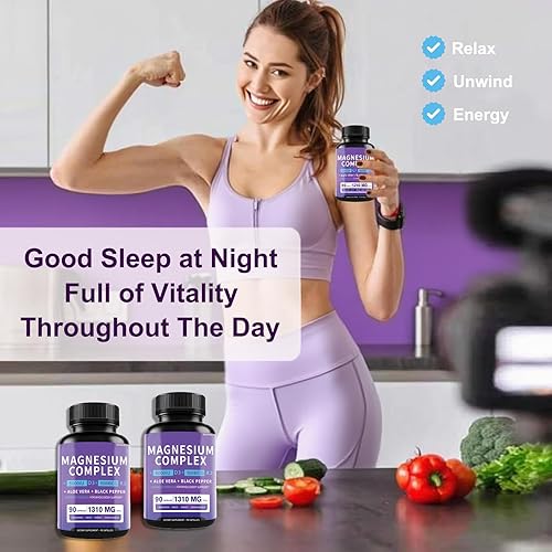Miniatura 5 de Suplemento Complejo de Magnesio 1310mg - Glicinato de magnesio quelado, malato y citrato con aloe vera, vitamina D3 y K2, pimienta negra - Alivio
