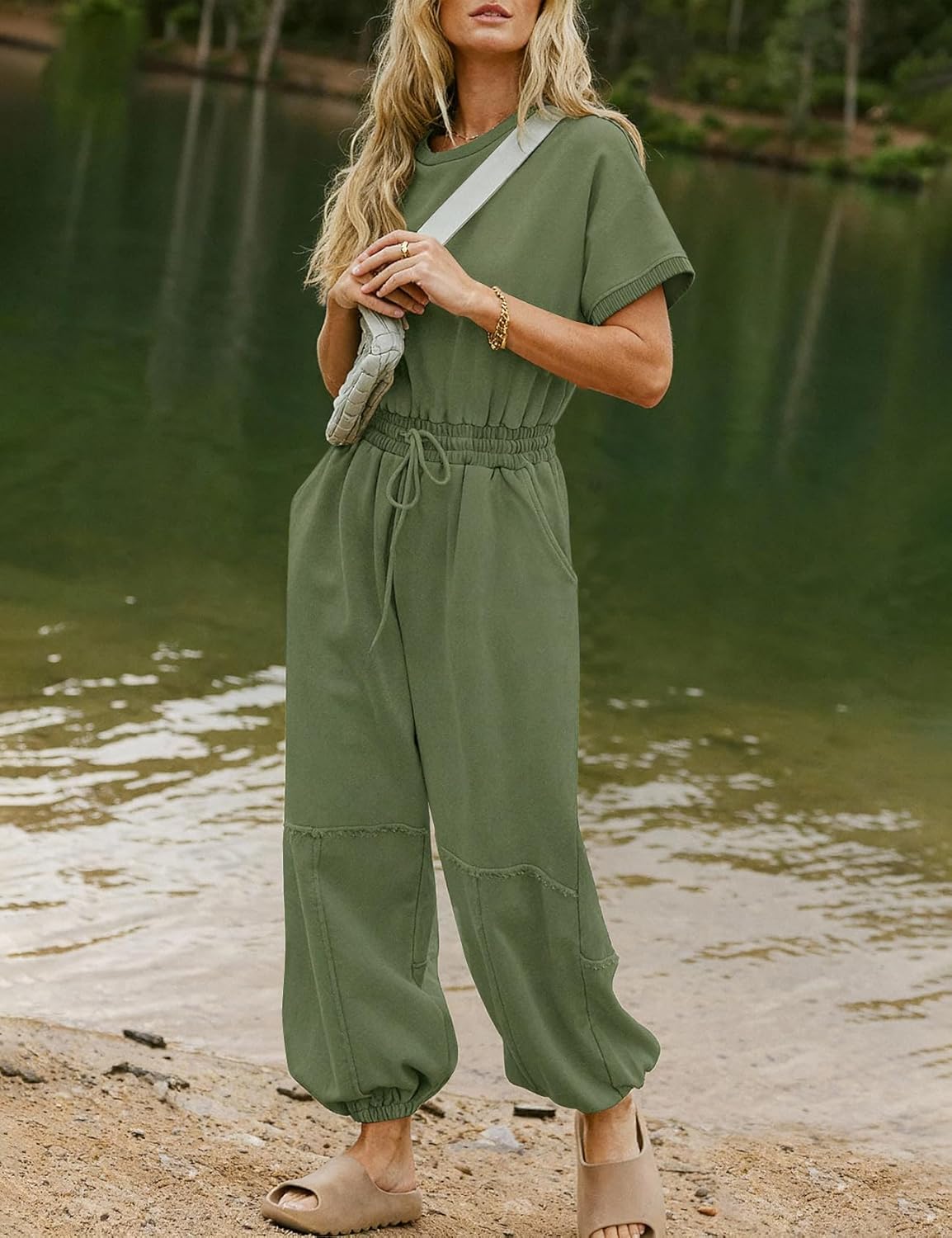 Flygo One Piece Jumpsuits for Women Crewneck Short Sleeve Casual Wide Leg Long Pants Drawstring Rompers Outfits with Pockets - Image 3