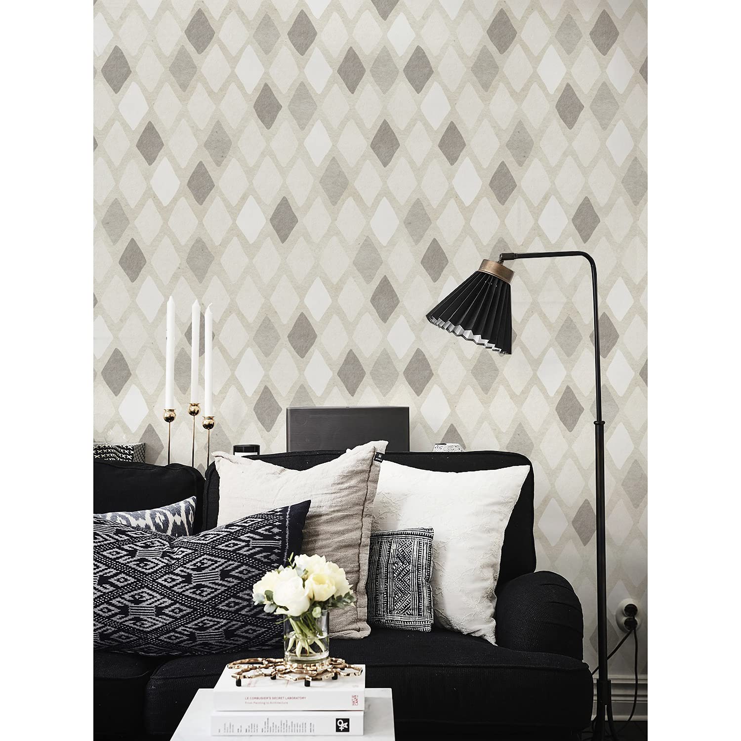 Papier peint rétro géométrique arlequin Coloray 250x104cm pour meuble et mur de salon