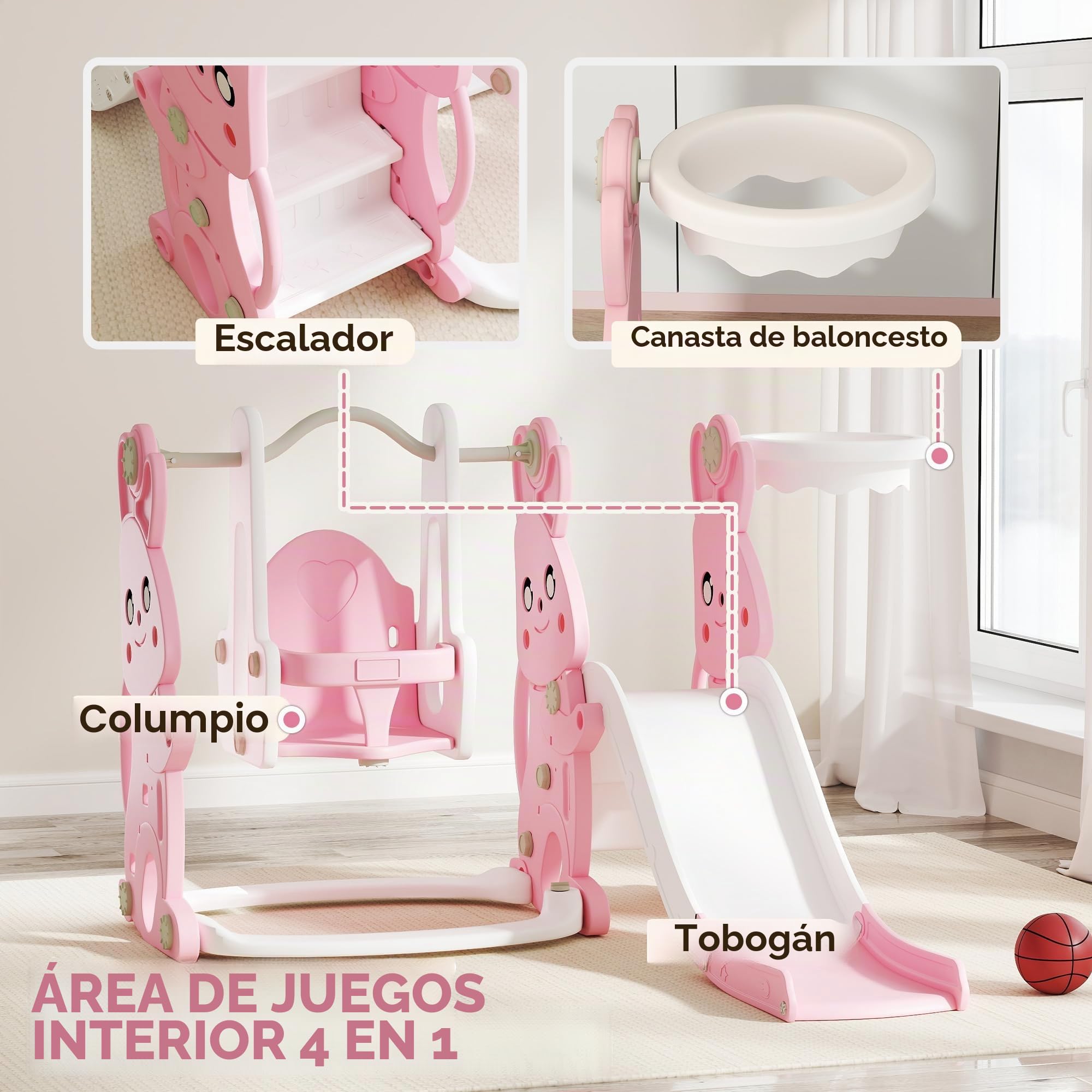 AIYAPLAY Tobogán y columpio 4 en 1 para niños, parque infantil para niños pequeños con estructura de escalada, canasta de baloncesto, tobogán, columpio, diseño de conejito, para interiores y