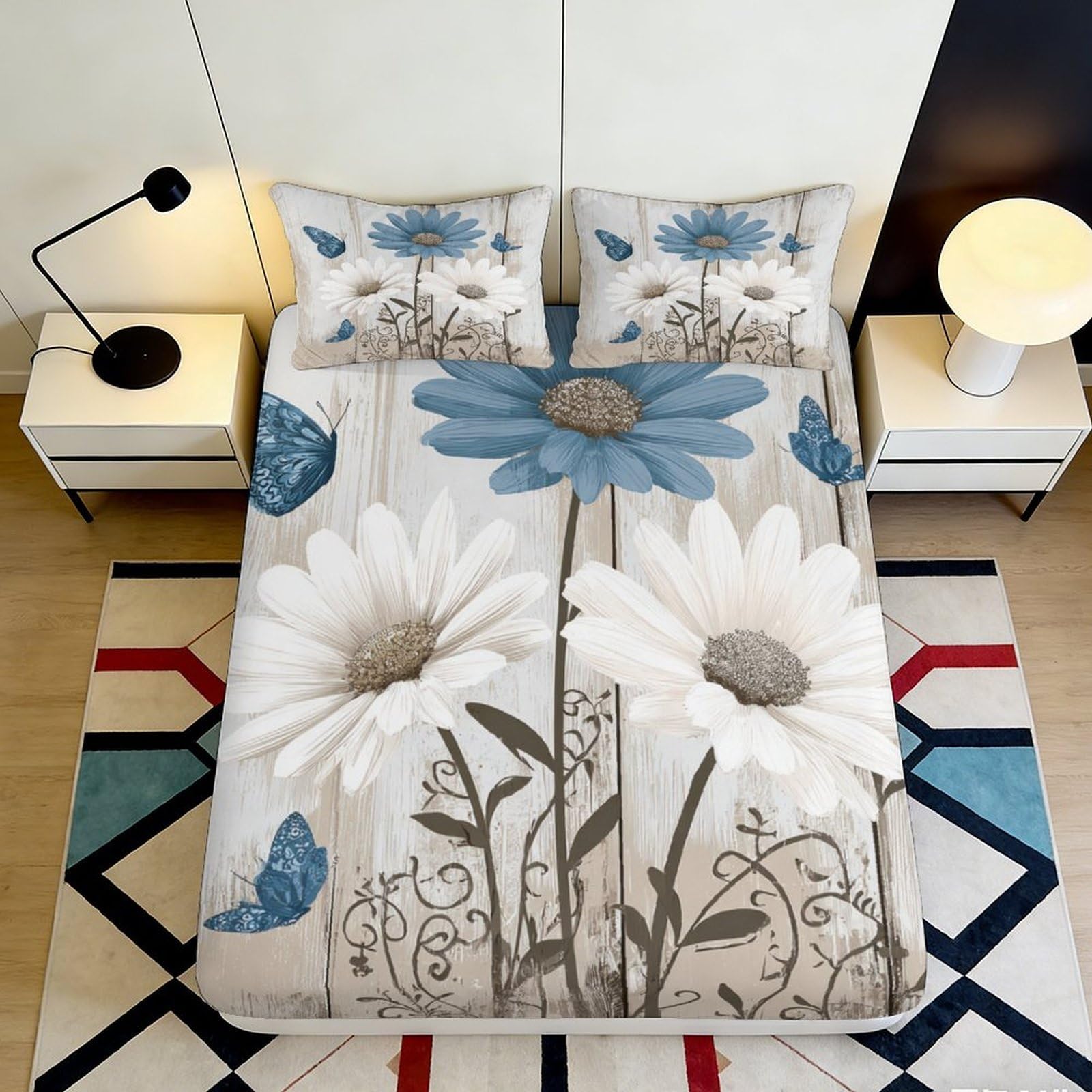 Pnayamiorkfel Style-1 3D Printed Blue Daisy Fitted Sheet Microfiber Soft Floral Butterfly Mattress Cover For Bedroom Guest Room Decor 90X200x25cm