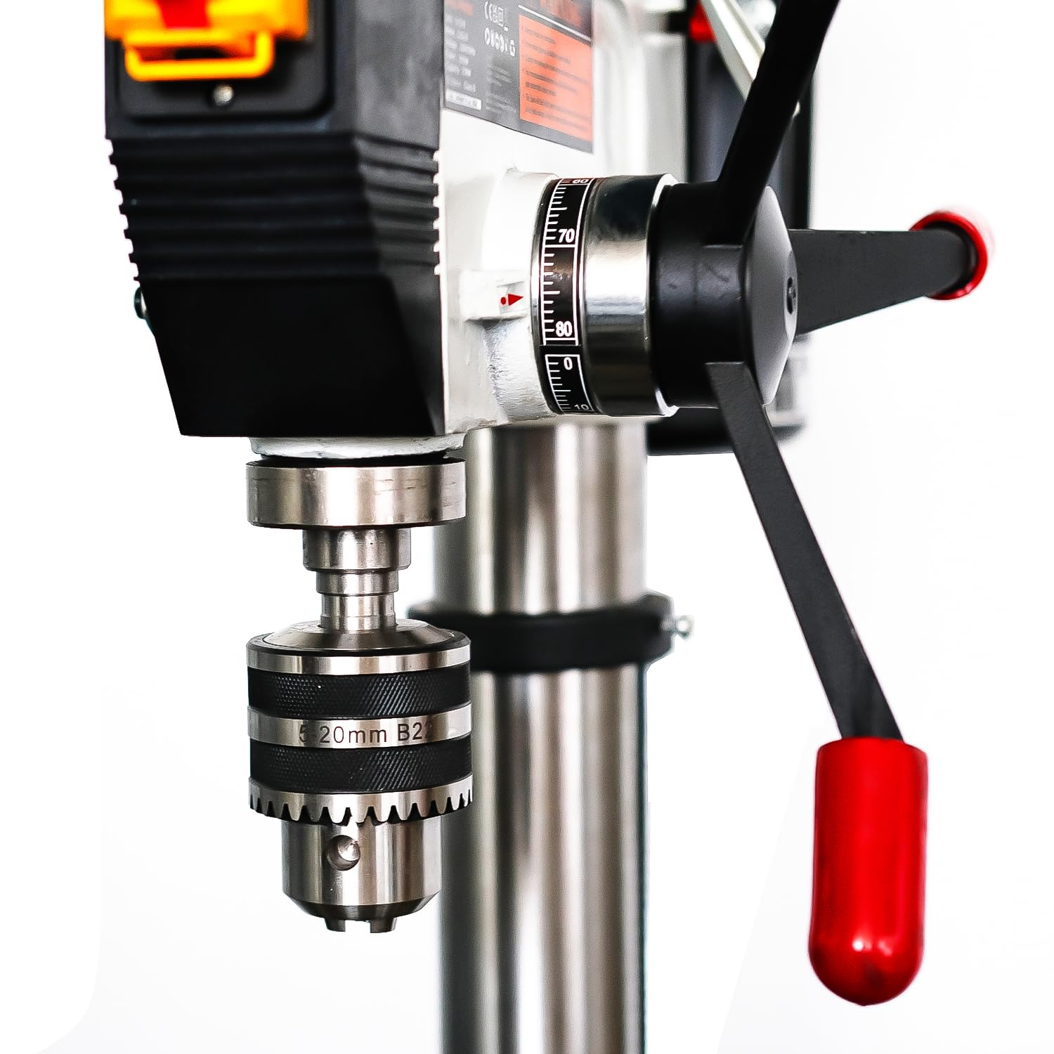 KATSU Tools Prensa de taladro de pilar de banco industrial de 900 W + portabrocas de 20 mm + interruptor electrónico de velocidad variable de 12 velocidades + profundidad máxima de perforación de 85