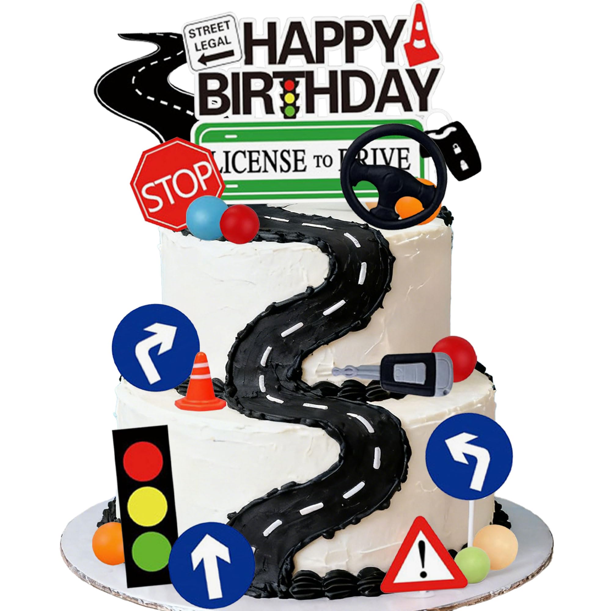 LaVenty 17th Birthday Decor Learner Driver Cake Decor 17th Driver License Car Road Signs Theme Party Supplies 17 Year Old Birthday Decorations
