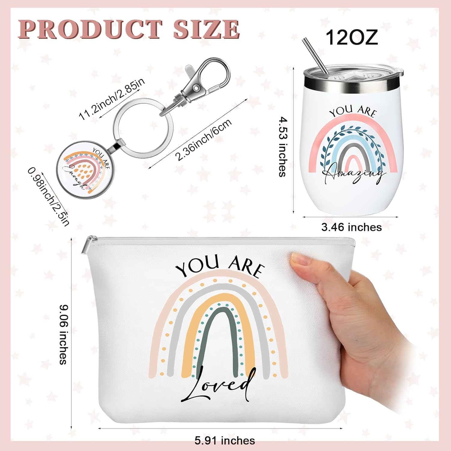 Tessco for you 3 Pcs Employee Appreciation Gifts for Women Inspirational 12 oz Tumbler Enough Keychain Makeup Bag Thank You Gift for Nurse Teacher(White,Rainbow) - Image 2