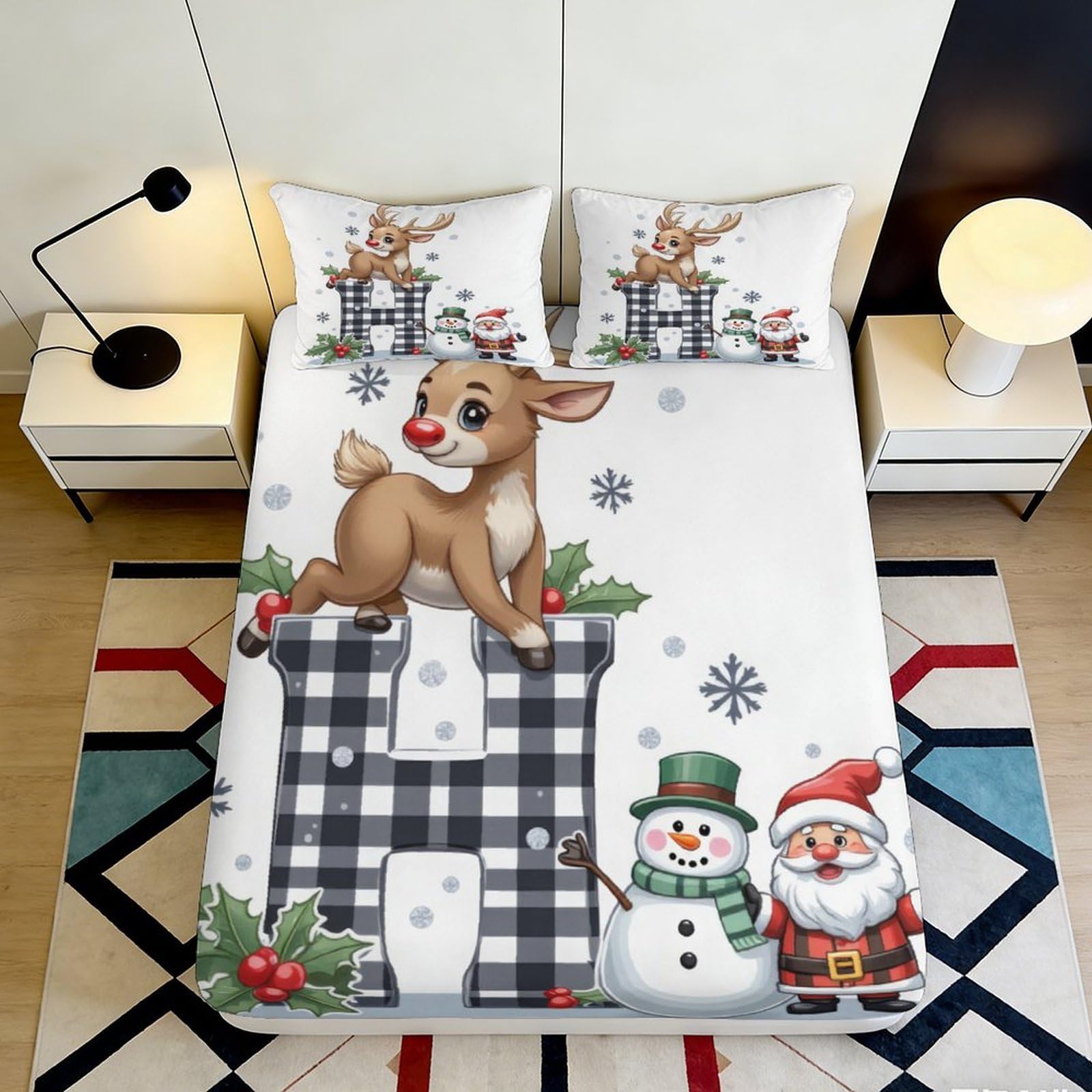 3D Printed Christmas Reindeer Fitted Sheet Microfiber Anti-Slip Snowman Santa Mattress Cover for Bedroom Dorm Decor 180x200x25cm