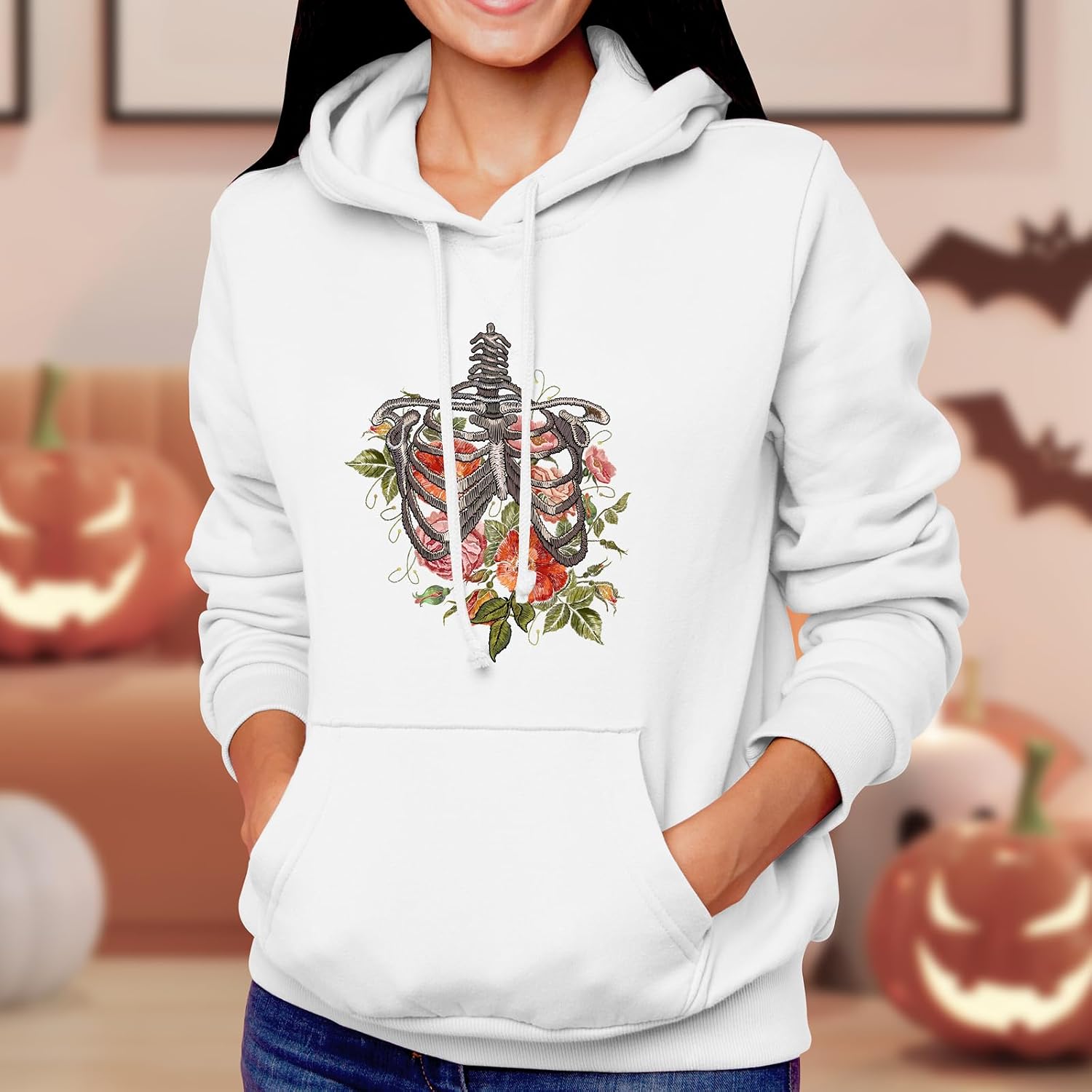 GotPrint Women Skull Body Hoodies, Cute Halloween Costume Idea Sweatshirts Spooky Vibes Design Long Sleeve Pullover Hoodies