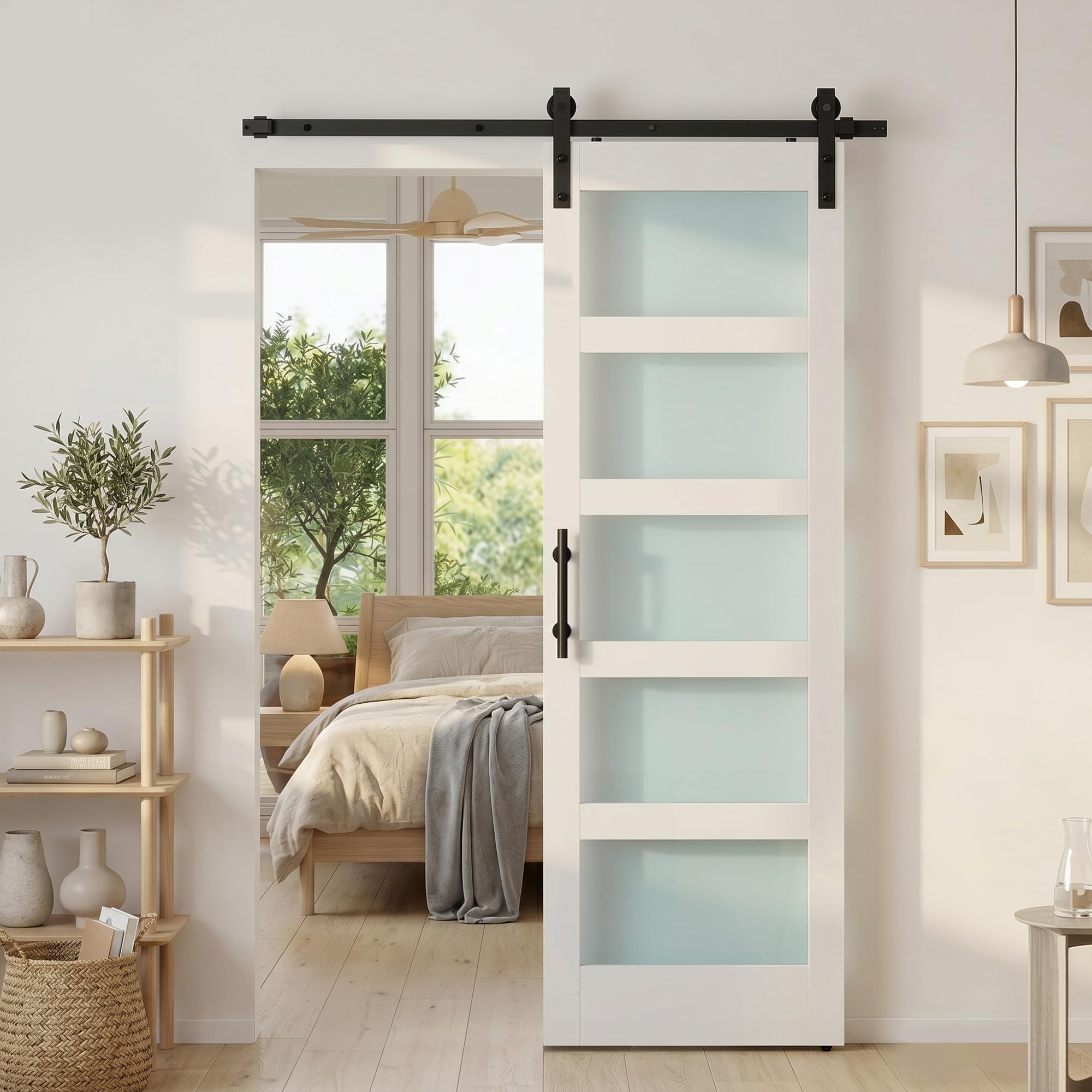 HOMCOM Puerta Corredera con Herrajes 71x213 cm Interior para Baño Blanco | MDF y Vidrio Esmerilado, Rodillo, Riel, Guía de Suelo, para Salón, Sala de Estar