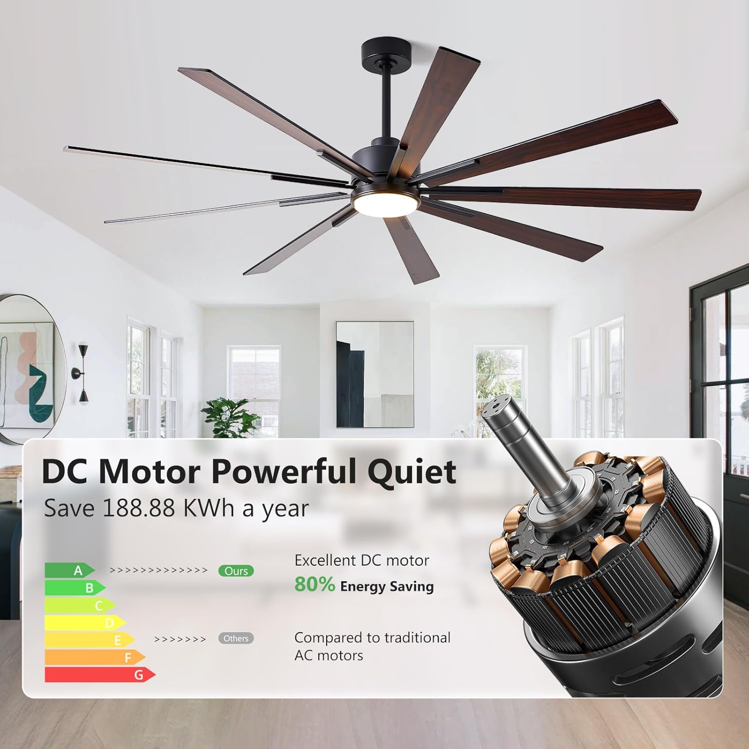 72 Inch Ceiling Fan with Lights, Large Outdoor Ceiling Fans, Modern Industrial Ceiling Fan 9 Blades for Great Room, Large Living Room Patio Farmhouse Damp Rated, Quiet Reversible DC Motor Dark Walnut