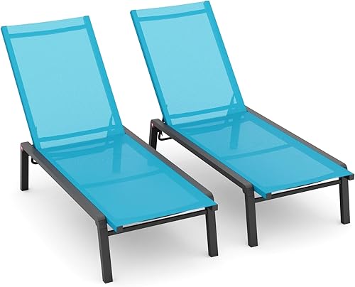 Juego de 2 tumbonas para patio con 4 respaldos ajustables, tumbona plegable de aluminio reclinable para exteriores, junto a la piscina, color azul