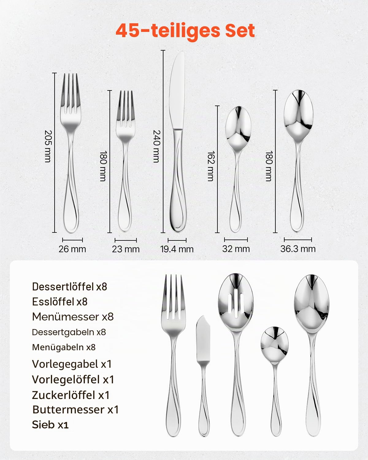 VEVOR Besteckset für 8 Personen, 45-teiliges Essbesteck-Set aus lebensmittelechtem Edelstahl, Spülmaschinenfestes Essgeschirr für die Küche, inkl. Messer Gabel Löffel