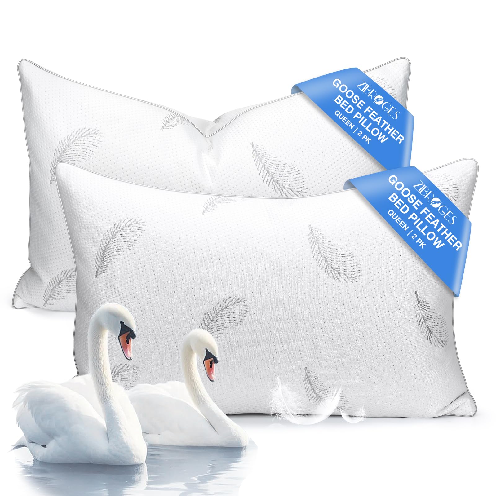 Goose Feather Pillows Bed Pillow - Hotel Down Pillows Queen Size Set of 2 Fluffy Support Surround Fill