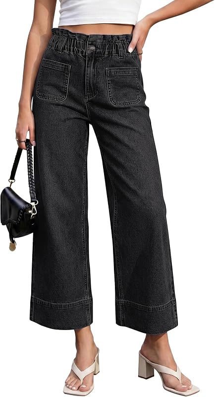 Wide Leg Jeans for Women Cropped High Waisted Patch Pocket Paper Bag Waist Stretchy Denim Pants Trouser Jeans