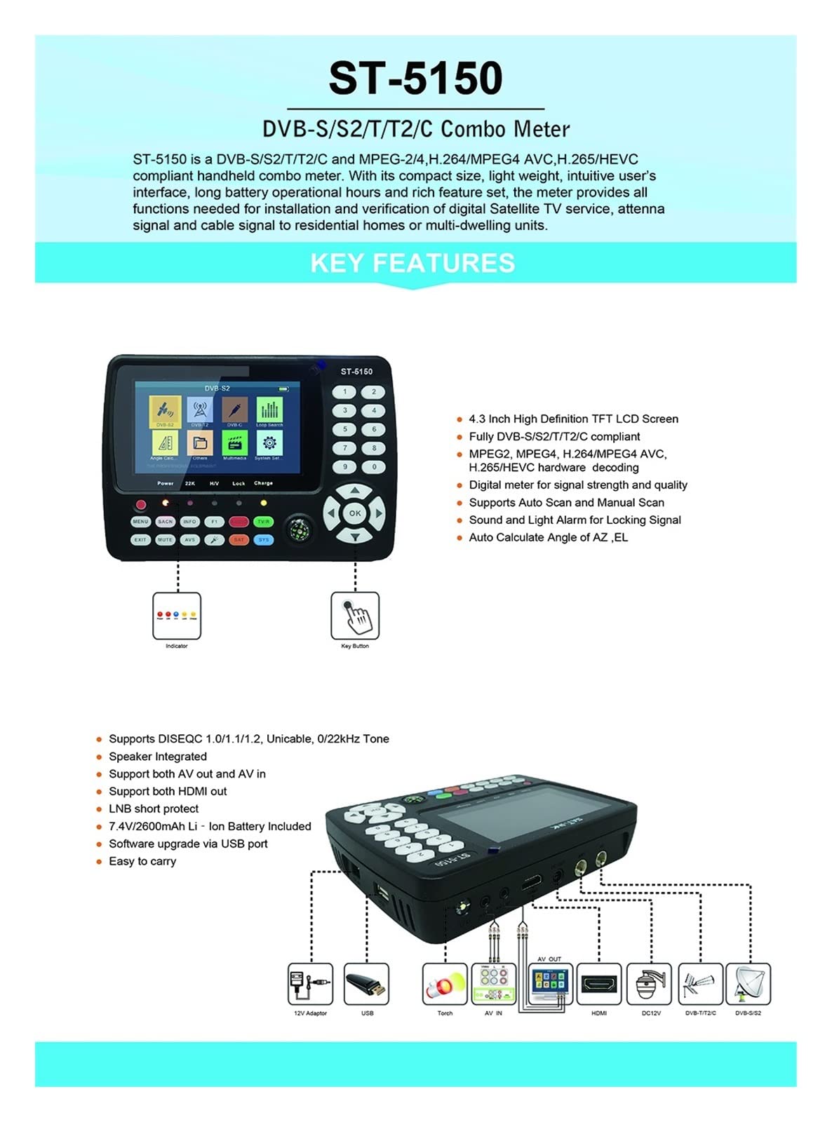 Wyszukiwarka satelitów, ST-5150 DVB-S2/T2/C COMBO HD miernik z celownikiem satelitarnym H.265 HEVC MPEG-4 QPSK 8PSK 16APSK 4.3 Cal ekran TFT LCD,Wygodny do noszenia