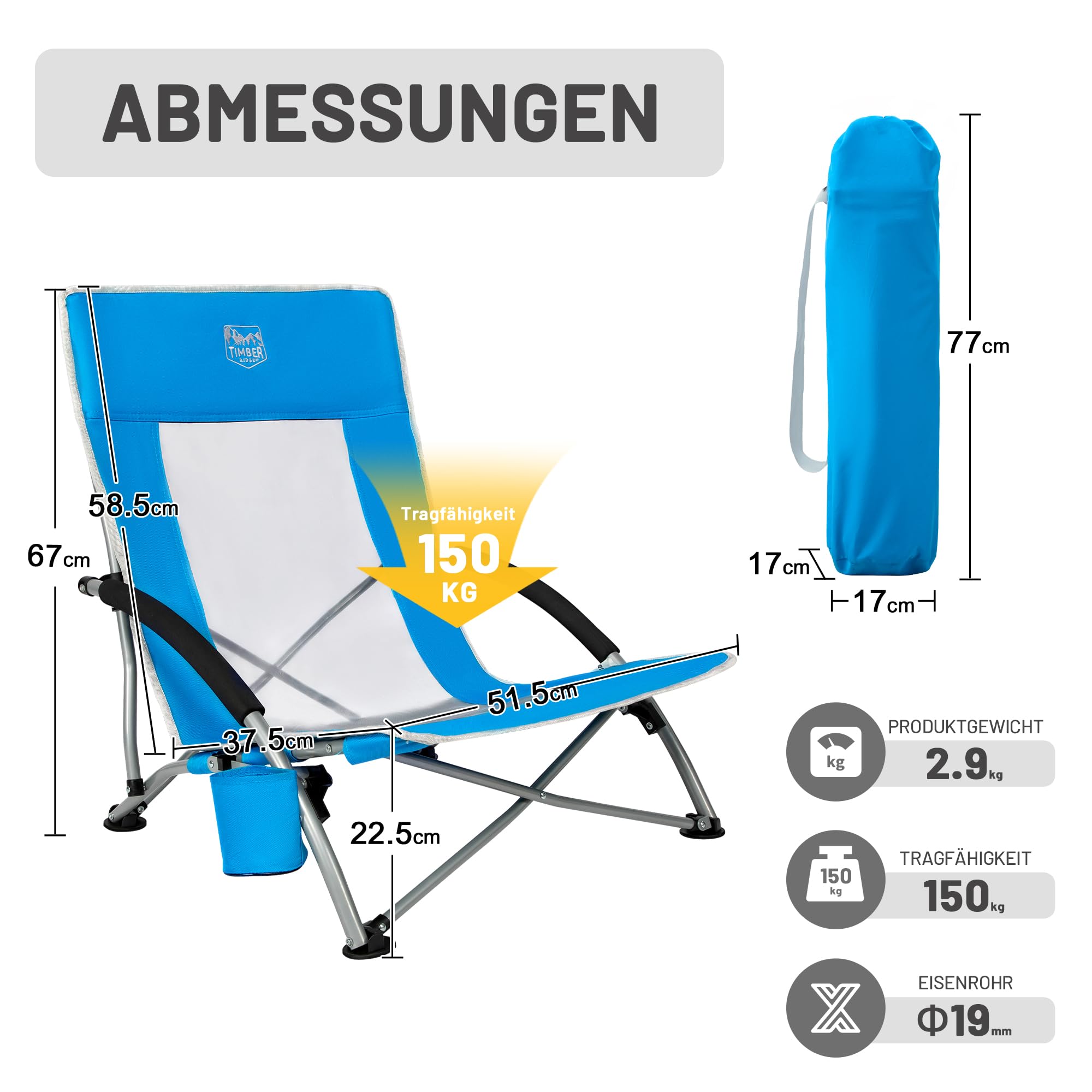 TIMBER RIDGE Strandstuhl Klappbar Leicht Campingstuhl Faltbar 150kg Belastbar mit Atmungsaktiver Netzstoffrückenlehne Niedrig Faltstuhl mit Getränkhalter Strand Garten Angeln