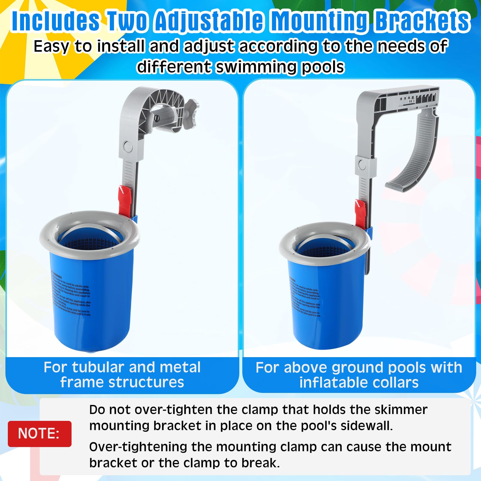 Tujoe Skimmer de superficie de piscina sobre el suelo con 30 calcetines de filtro de limpieza, skimmer de superficie de montaje en pared con manguera y cesta, se fija a collares inflables para el