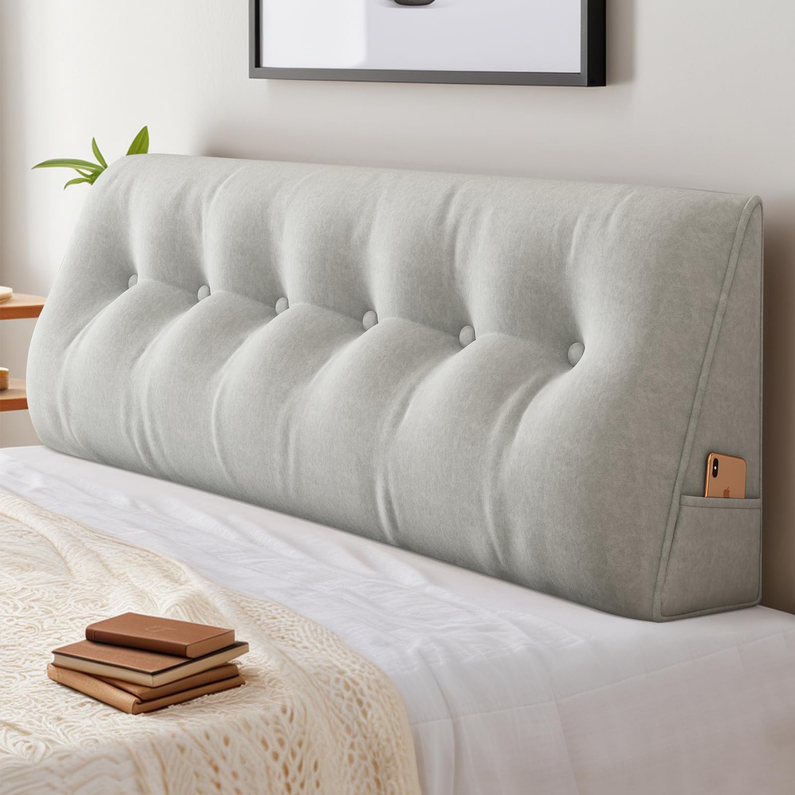 ShowyLive Cuscino Schienale Letto, Cuscino da Lettura per Letto Divano, Cuscino per la Schiena e la Testa con Tasca Laterale, Rivestimento Sfoderabile e Lavabile (100 * 50 * 20 cm, Grigio Chiaro)