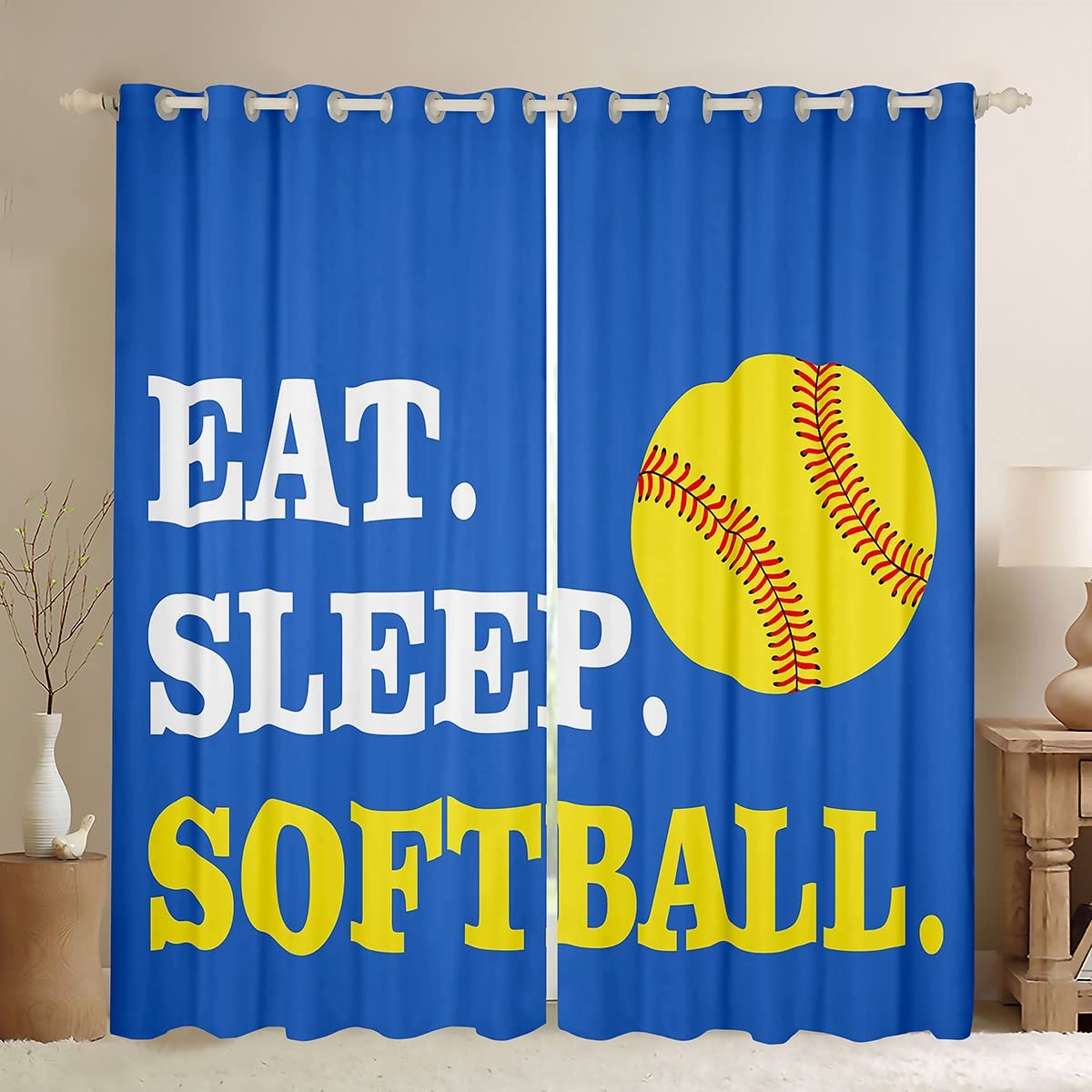Loussiesd Softball Curtains for Bedroom for Girls Boys Kids Ball Sports Theme Blackout CurtainsBright Blue Yellowative Darkening Drapes Softball Lover Window Treatments W46*L72 โ image 1