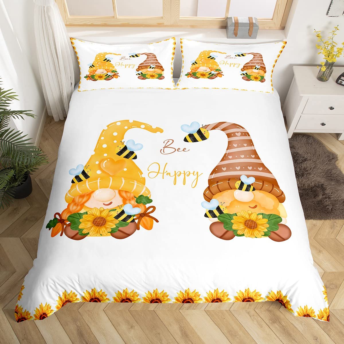 Cute Gnomes Duvet Cover For Kids Teens Adult Rustic Sunflower Bedding Set Double Size Countryside Honeybee Comforter Cover All Season Spring Gnome Floral Bed Cover With 2 Pillowcase Ultra Soft