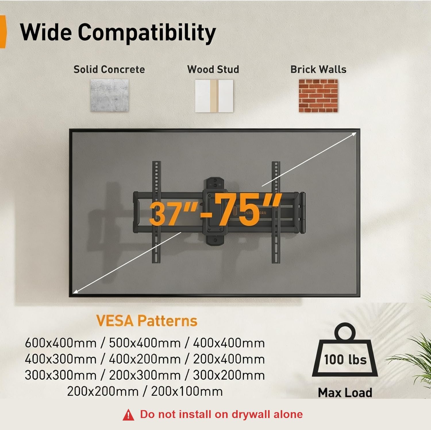 Perlegear Staffa di montaggio a parete angolare per TV a braccio lungo, per TV da 32"-75", VESA max 600 x 400 mm, supporta 45,4 kg