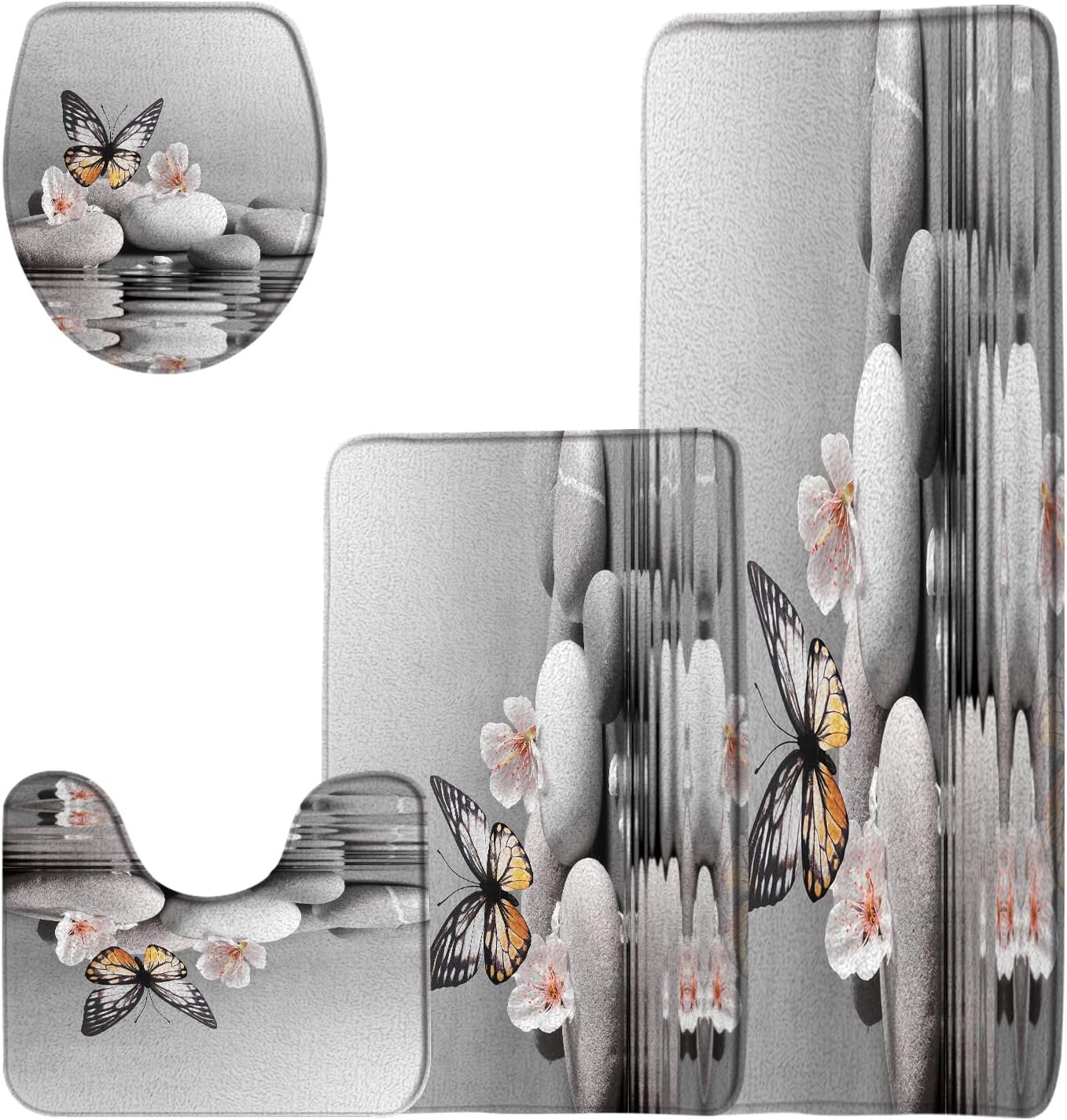 4 Pieces Bathroom Rug Sets,Spa Garden Floral Water Zen Stone Butterfly Gray Blush 16"x24"and 16"x48"Bath Mats,Toilet Cover,U-Shaped Toilet Mat