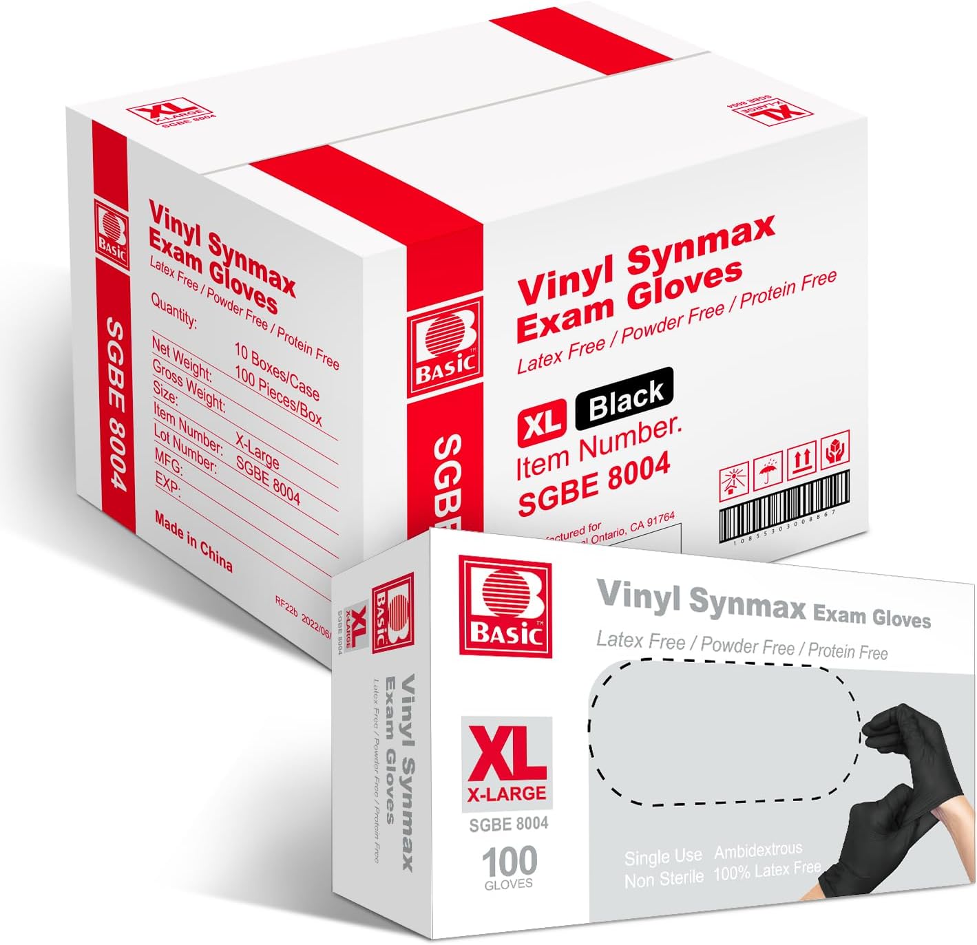 Basic Vinyl Exam Gloves, Synmax Medical Disposable Non-Sterile Latex-Free Powder-Free Glove Box of 100 (Black, S/M/L/XL)