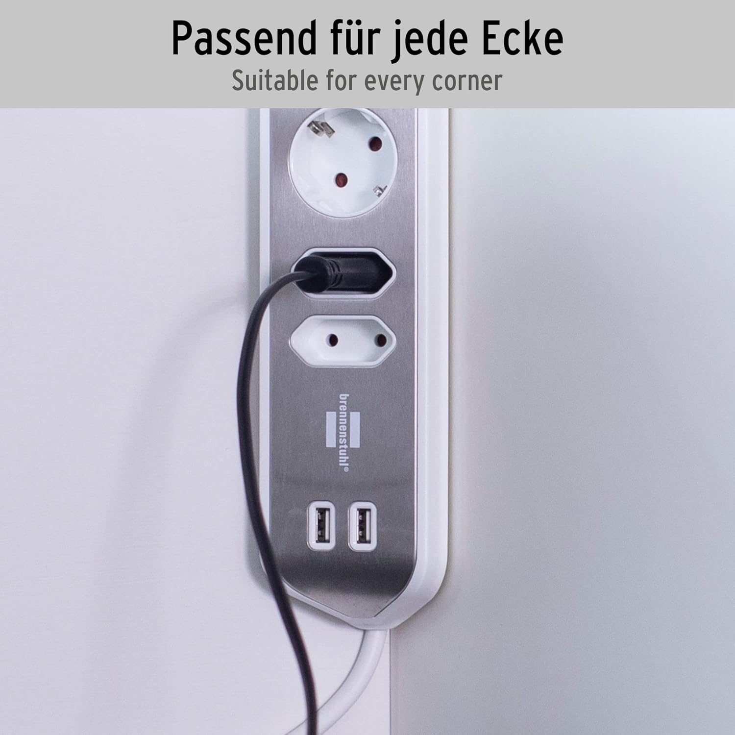 brennenstuhl Estilo Corner Socket Strip 4-Way (Table Socket with Stainless Steel Surface, Corner Socket with 2 x Earthed Contact Sockets, 2 x Euro Sockets, Includes USB Charging Function) Silver/White