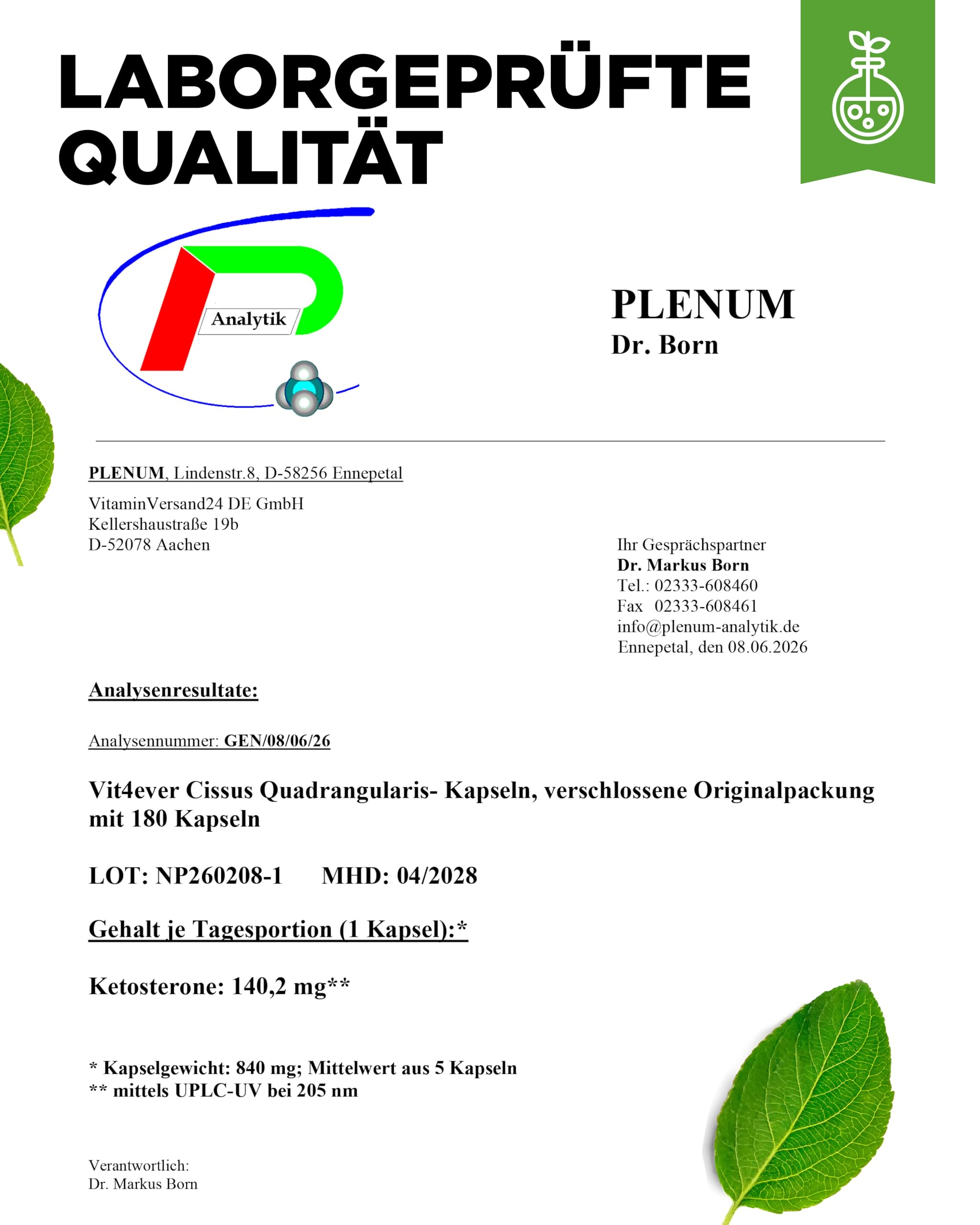 vit4ever Cissus Quadrangularis - 180 Kapseln - 700mg - 20% Ketosterone | 700mg Extrakt pro Kapsel, 140mg Ketosterone, 6 Monate Vorrat