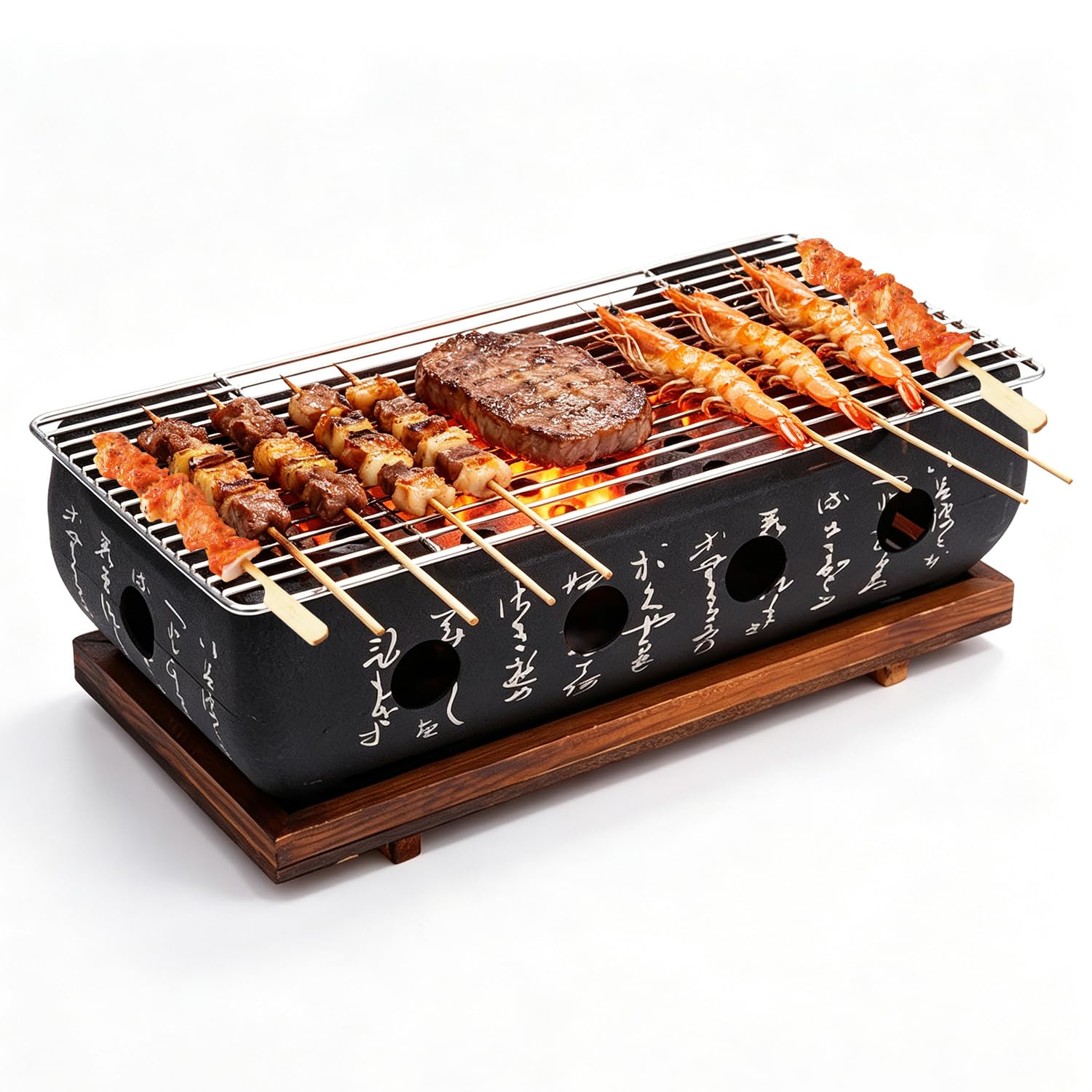 Tissting Barbacoa Japonesa de Mesa 36 x 18 x 13 cm – Mini Parrilla de Carbón Portátil con Rejilla y Base de Madera, Horno de Carbón para Yakiniku y Takoyaki