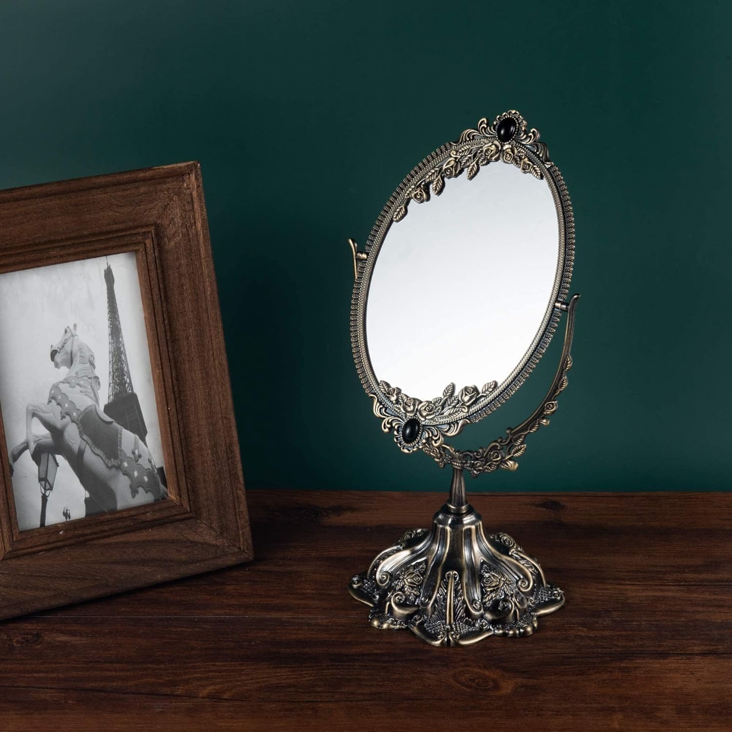 Feyarl Small Metal Vintage Makeup Mirror Floral Tabletop Oval Vanity Swivel Double Sided Mirror with Stand Elegant Decorative for Dressing Room Bedroom (Bronze)