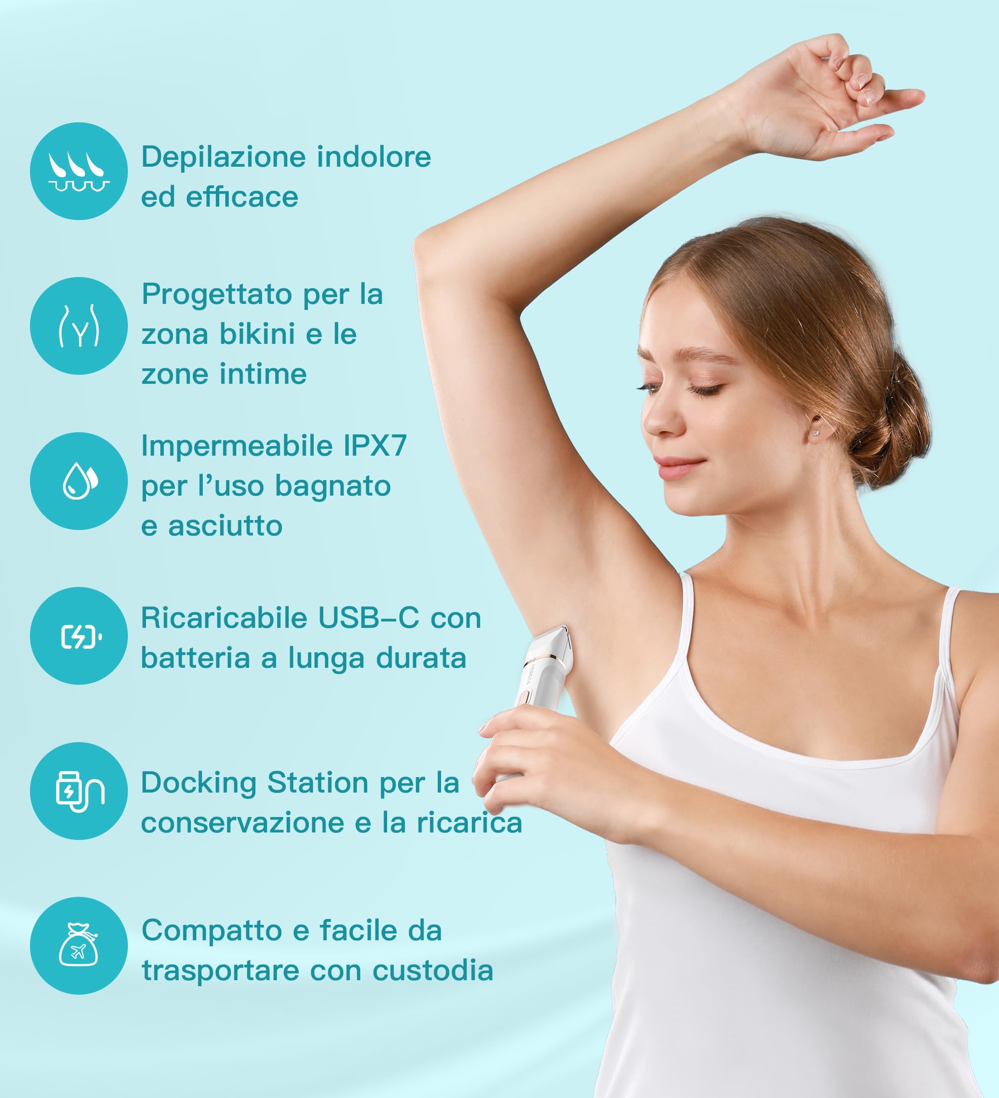 Hebeca Rasoio elettrico 3 in 1 per bikini, da donna, per viso e intimo, per pelli sensibili, impermeabile e ricaricabile