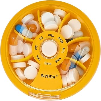 INVODA Weekly Pill Organizer 7 Compartment Rotating Pill Box for Daily Medication & Vitamins - Portable Travel Pill Case Fish Oil Supplements Vitamins Organizer Orange