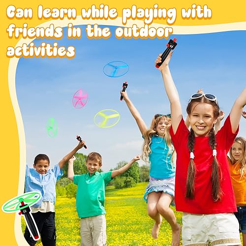 Miniatura 7 de Meooeck Disk Helicopter Toy Disco Flyers Incluye 12 lanzadores de cuerda y 24 lanzadores de discos de platillo volador, juguetes para actividades al