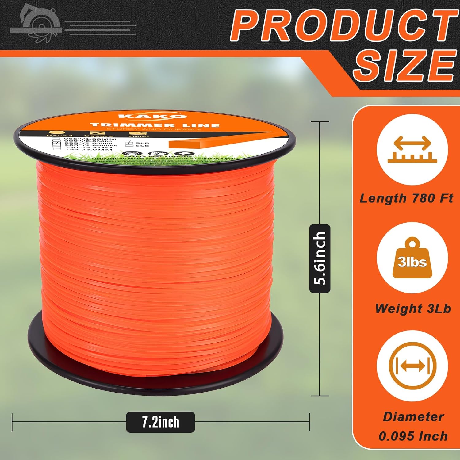 KAKO 095 Trimmer Line, Weed Eater String .095, Weed Wacker String .095, Square String Trimmer Line .095 Inch-780 Ft-3 Lb, Commercial Nylon Weed Eater Line .095 Fits Most String Trimmers(Square)