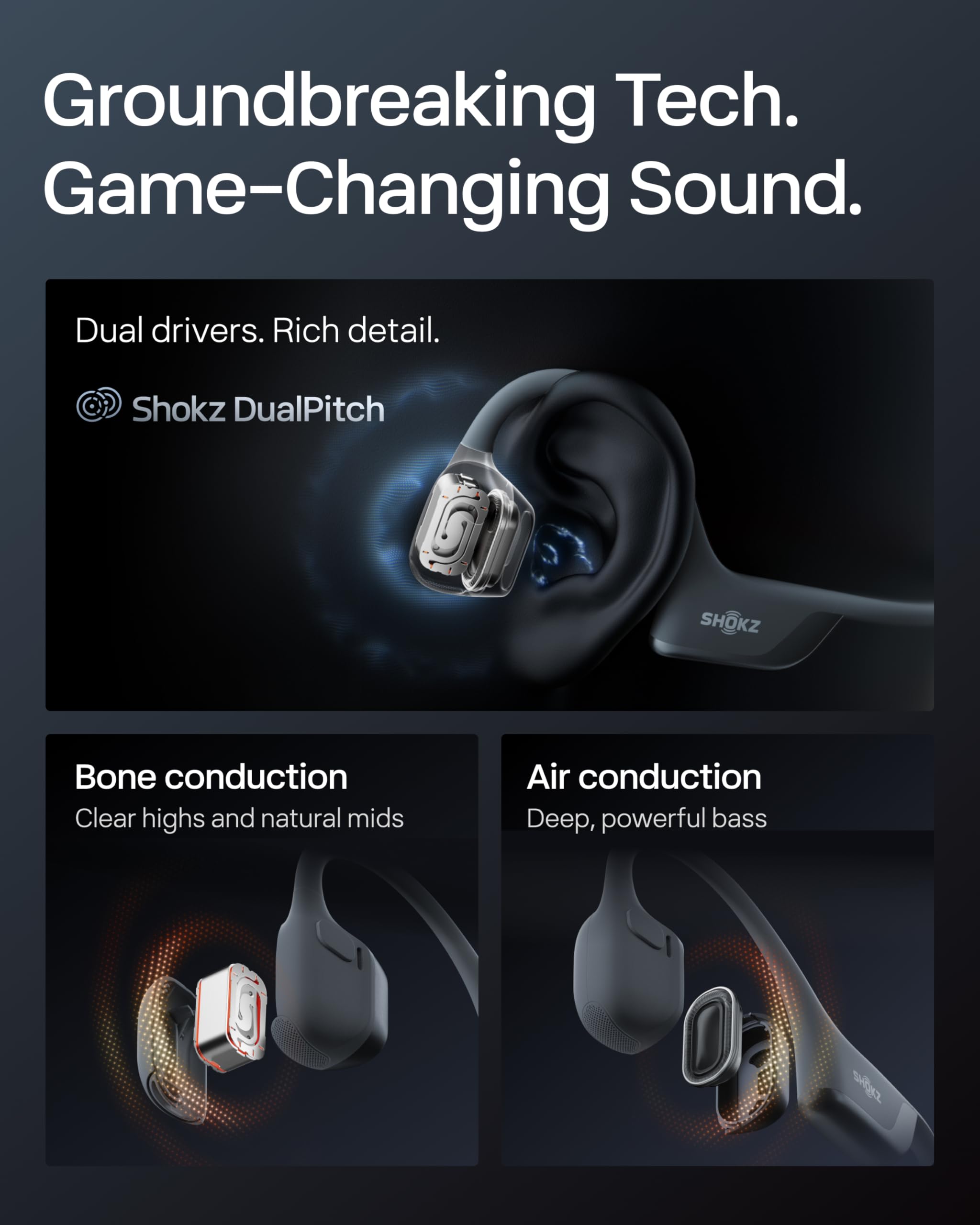 SHOKZ OpenRun Pro 2-Bone Conduction Headphones,Open-Ear Bluetooth Wireless Sport Earphones for Running,Workouts-Sweat Resistant,Comfortable Fit-Deep Bass,Smart Mic,Reflective Strip,Standard,Black - 5