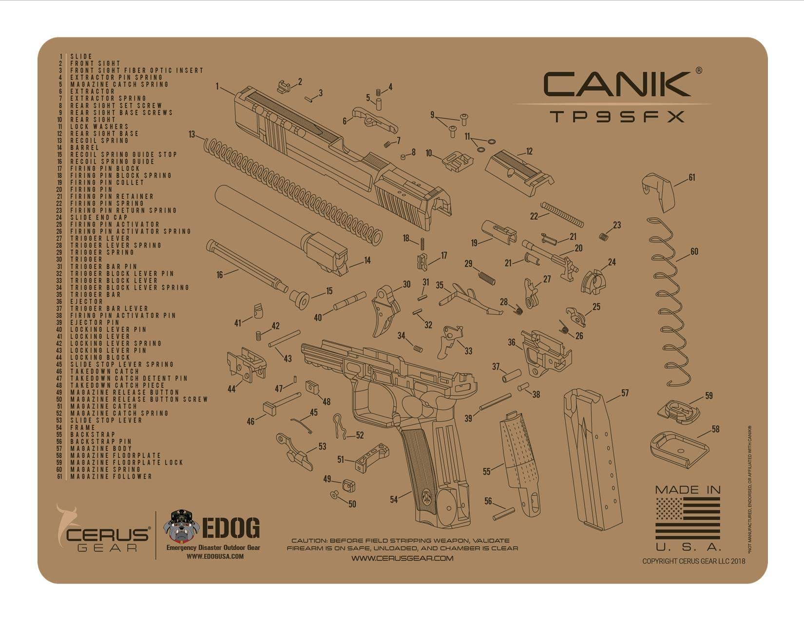 EDOG tp9 Gun Cleaning Mat - Tan Schematic (Exploded View) Diagram Compatible with Canik TP9 Tan Series Pistol 3 mm Padded Pad Protect Your Firearm Magazines Bench Surfaces Gun Oil Solvent Resistant