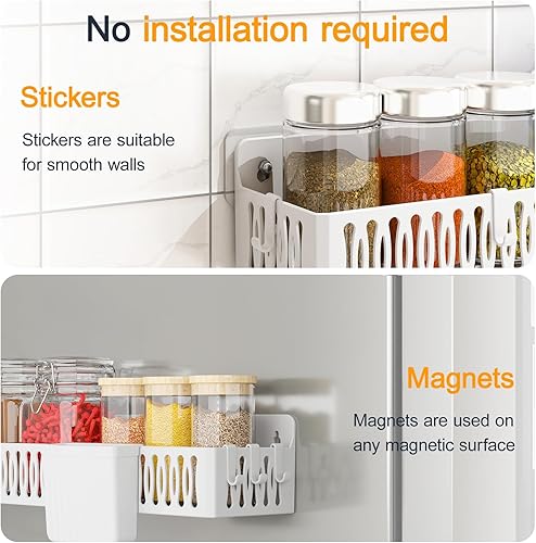 Miniatura 3 de Sevenblue Paquete de 4 estantes magnéticos para especias para refrigerador, estante magnético movible con 4 ganchos y 2 tazas colgantes para