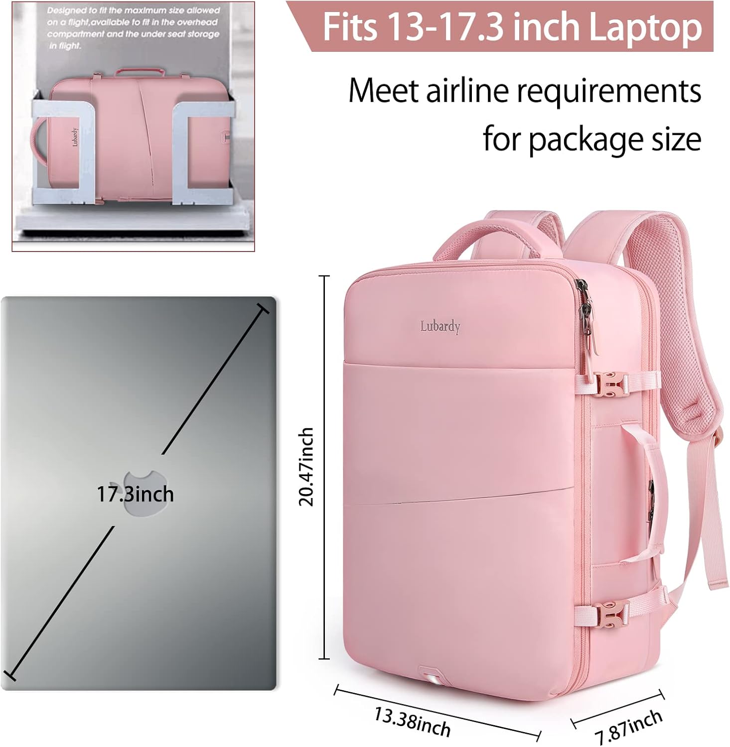 Lubardy Travel Backpack for Men Women 17 Inch Flight Approved Carry on Backpack Waterproof Large 40L Luggage Daypack Business College Weekender Overnight Laptop Backpack with 3 Packing Cubes, Pink - Image 3