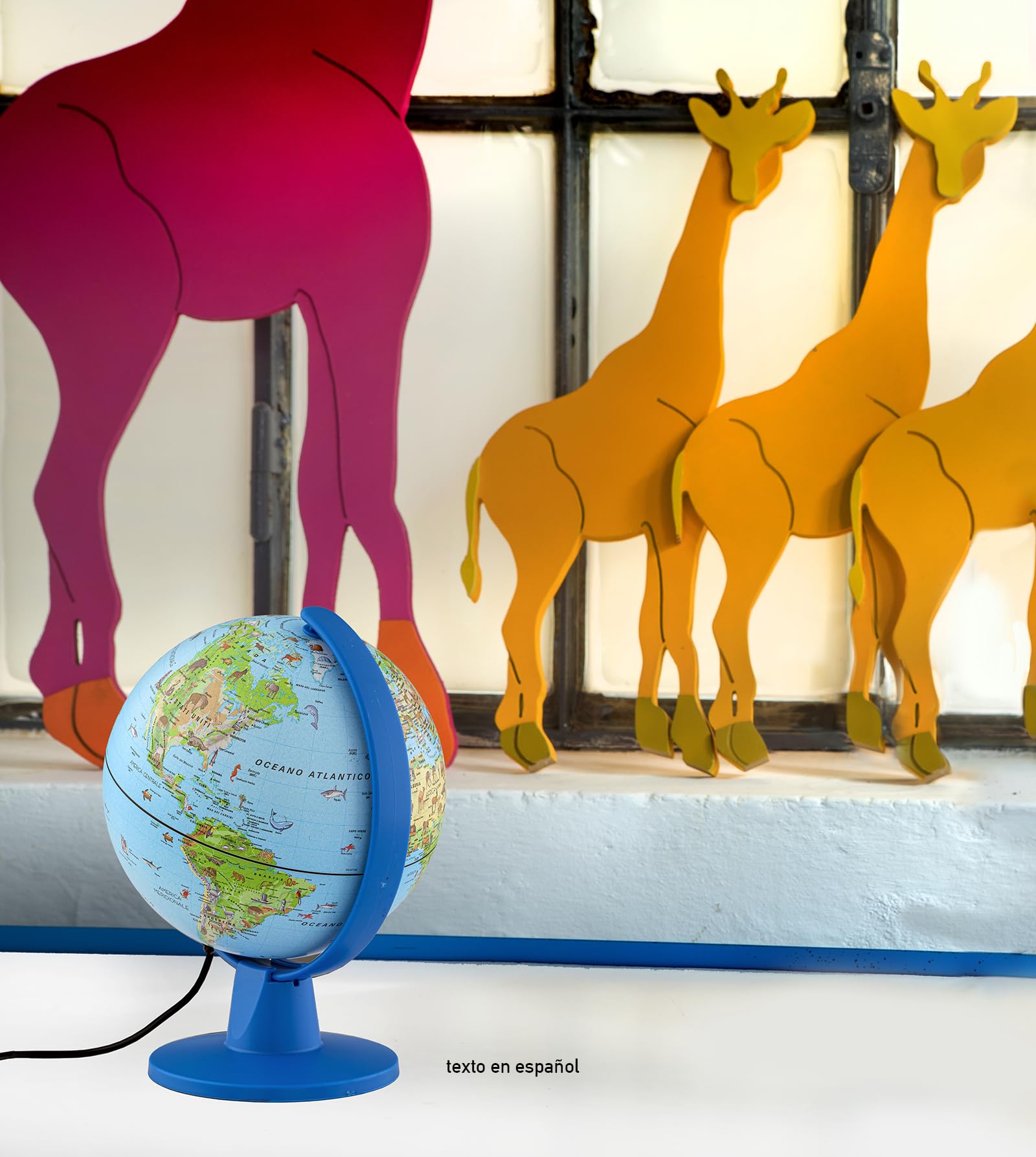 Tecnodidattica - Luce Safari | Pequeño Globo Terráqueo para Niños | Globo Giratorio e Iluminado para Montar | Cable USB | cartografía ilustrada| Diámetro de 16 cm
