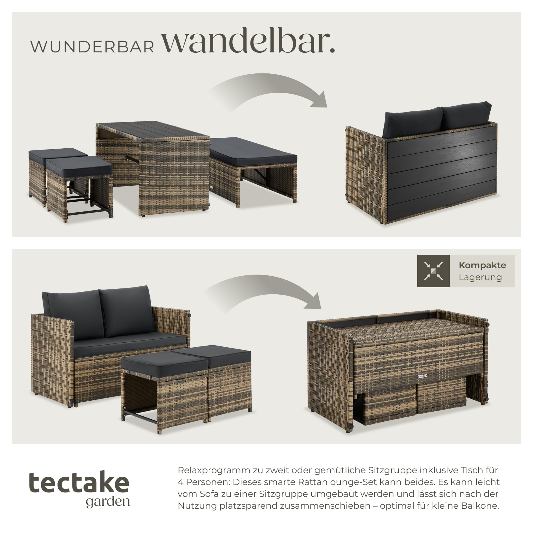 tectake® 2in1 Rattanlounge für 4 Personen, Set mit Tisch mit Schraubfüßen, Tischoberfläche in Holzoptik, Polyrattan Gartenmöbel, als Gartensofa oder Sitzgruppe, Terrassenmöbel, Outdoor Lounge – Natur