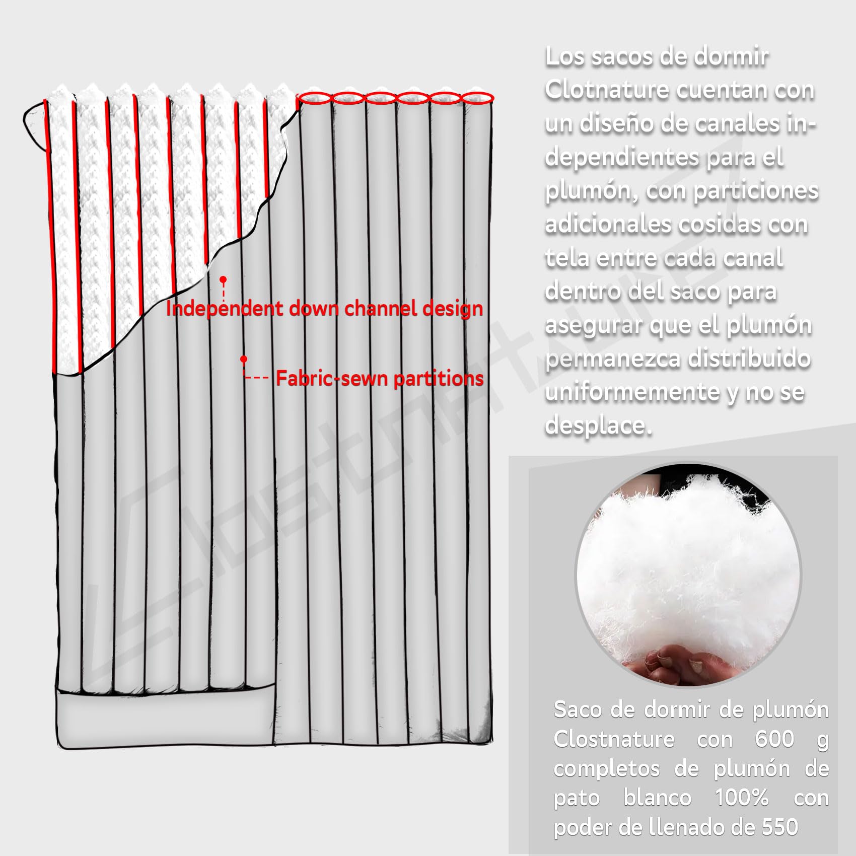 Clostnature Saco de Dormir de Plumas - Saco de Dormir Ultraligero 20D de Invierno para Adultos, Mujeres y Hombres, 3-4 Temporadas, Apto para Climas Fríos, Ideal para Camping, Senderismo y Montañismo
