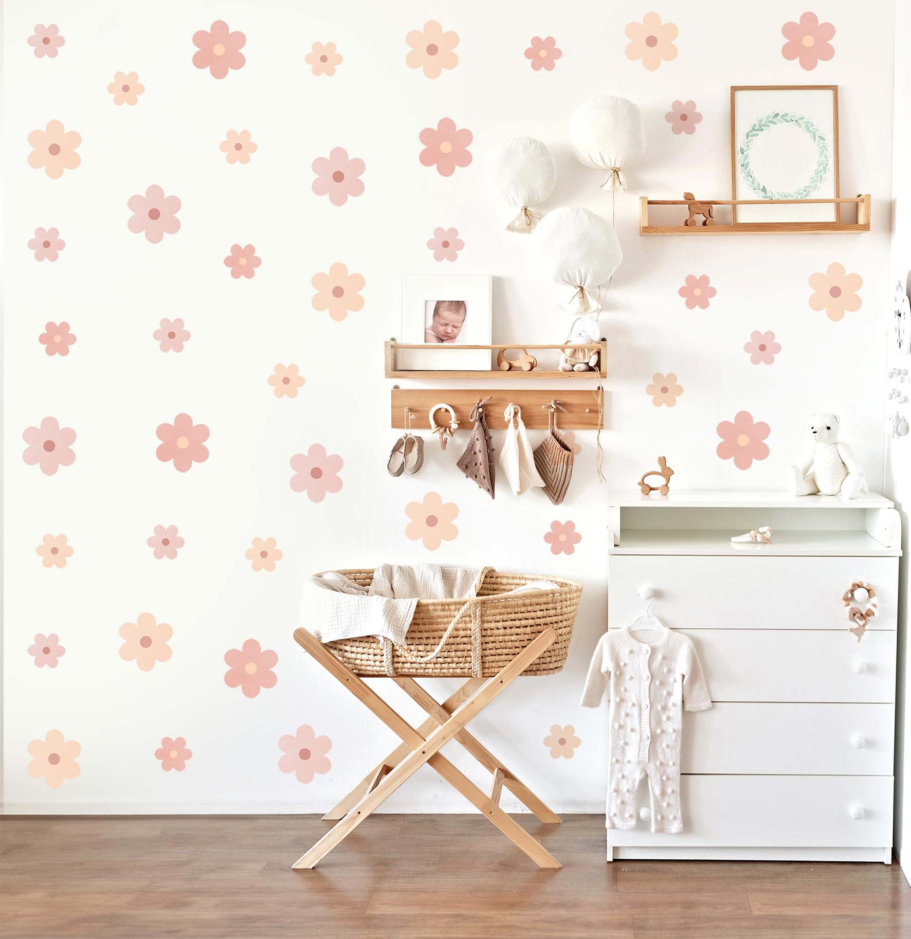 Stickers Muraux Enfants Fleurs– Autocollants Décoratifs - Non Toxique, Sûr, de Haute Qualité – Déco Chambre Enfant - Pâquerette - Rose, crème - 48pcs