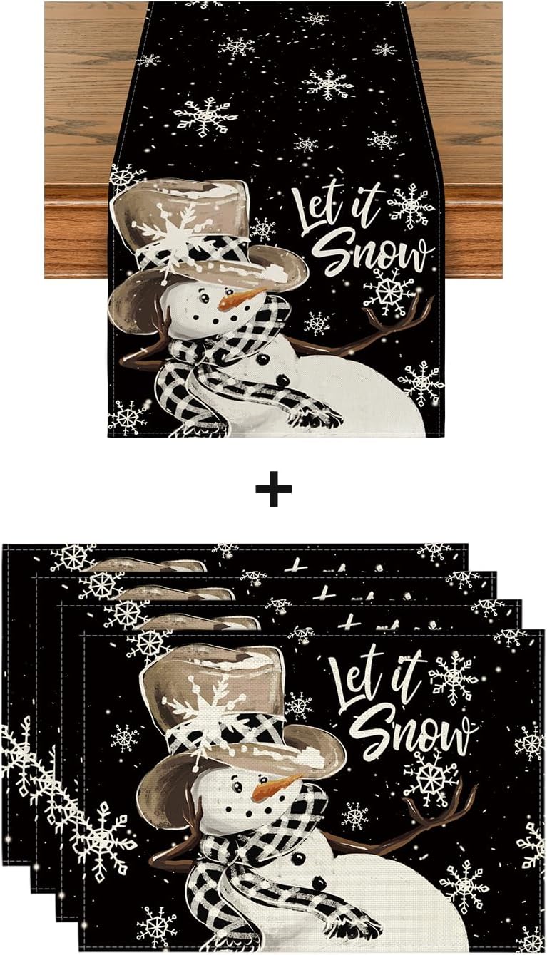 Artoid Mode Black Snowman Snowflake Let it Snow Christmas Place Mats Set of 4 and Table Runner
