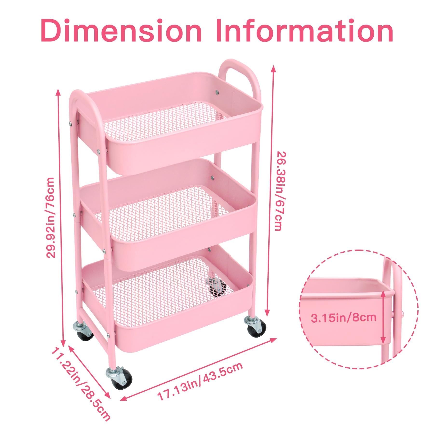 Carrellos Estetista Carrello Portaoggetti in Metallo A 3 Ripiani su Ruote, Salvaspazio E Durevole, per Cucina, Trucco, Bagno, Ufficio Carrello Parrucchieri(Pink)