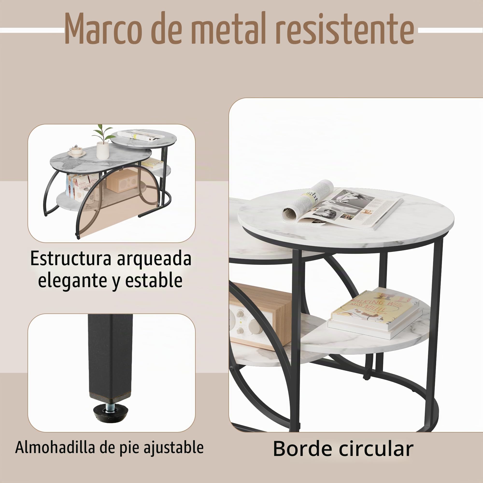 Juego de 2 mesas bajas para salones, mesas de salón separadas, mesa Gigogne de diseño de mármol, con espacio de almacenamiento, efecto de mármol, marco de metal, mesa auxiliar apilable (negro