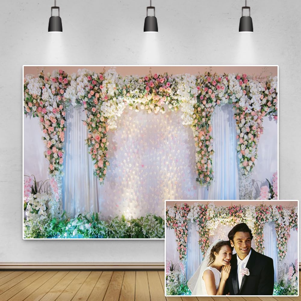 TTQYFNM 10x8ft Wedding Floral Backdrop Romance White Stage Curtain Pink Rose Flower Photography Background for Bridal Shower Wedding Party Reception