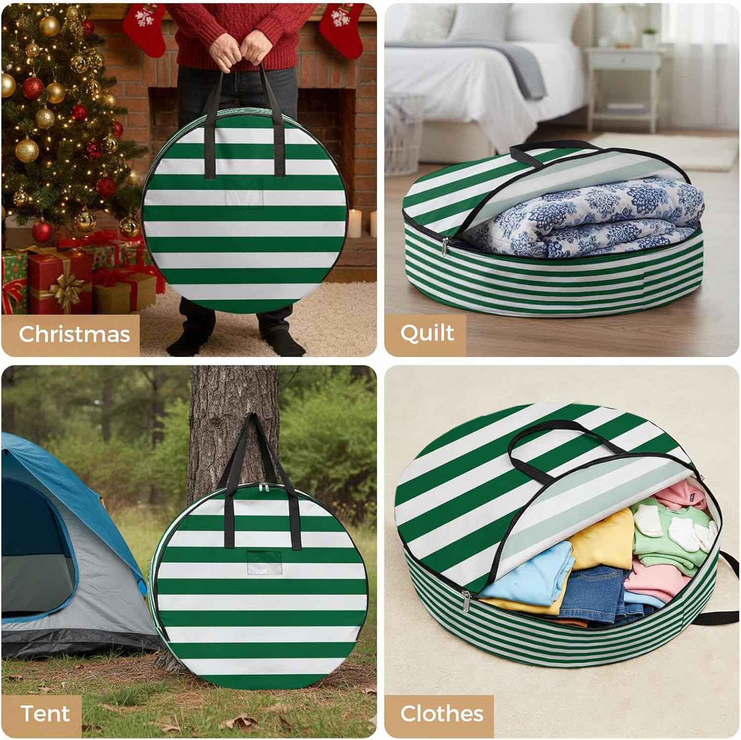 Christmas Green Round Storage Bag 36 Inch, and White Stripe Clothes Storage Container with Handles Heavy Duty Organizer for Comforter, Bedding & Holiday Wreaths