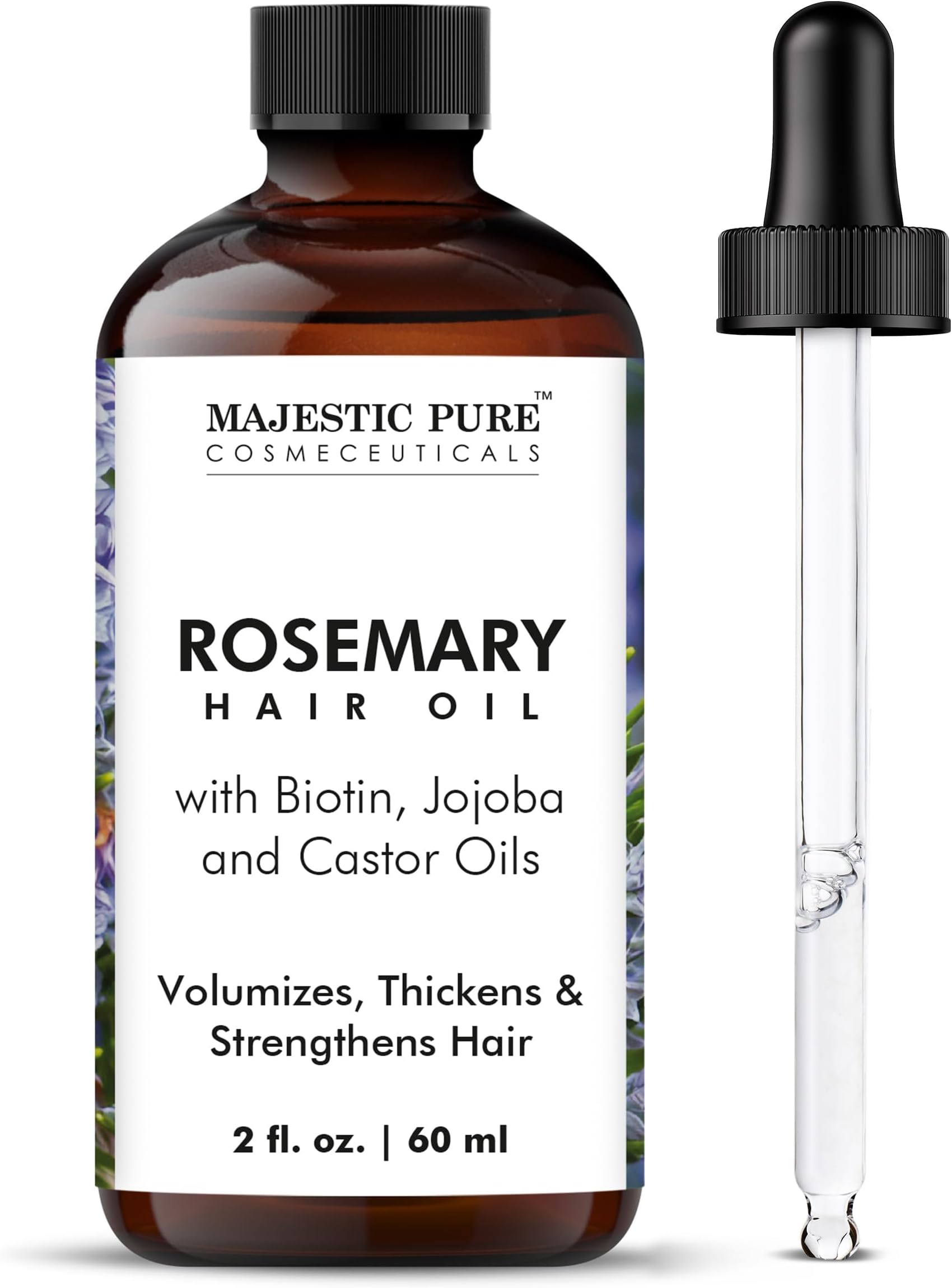 MAJESTIC PURE 100% Pure Rosemary Oil for Hair Growth Infused with Biotin | Hair Strenghtening Treatment | Nourishing & Volumizing | with Jojoba Oil & Castor Oil | Non GMO Verified | 60 ml